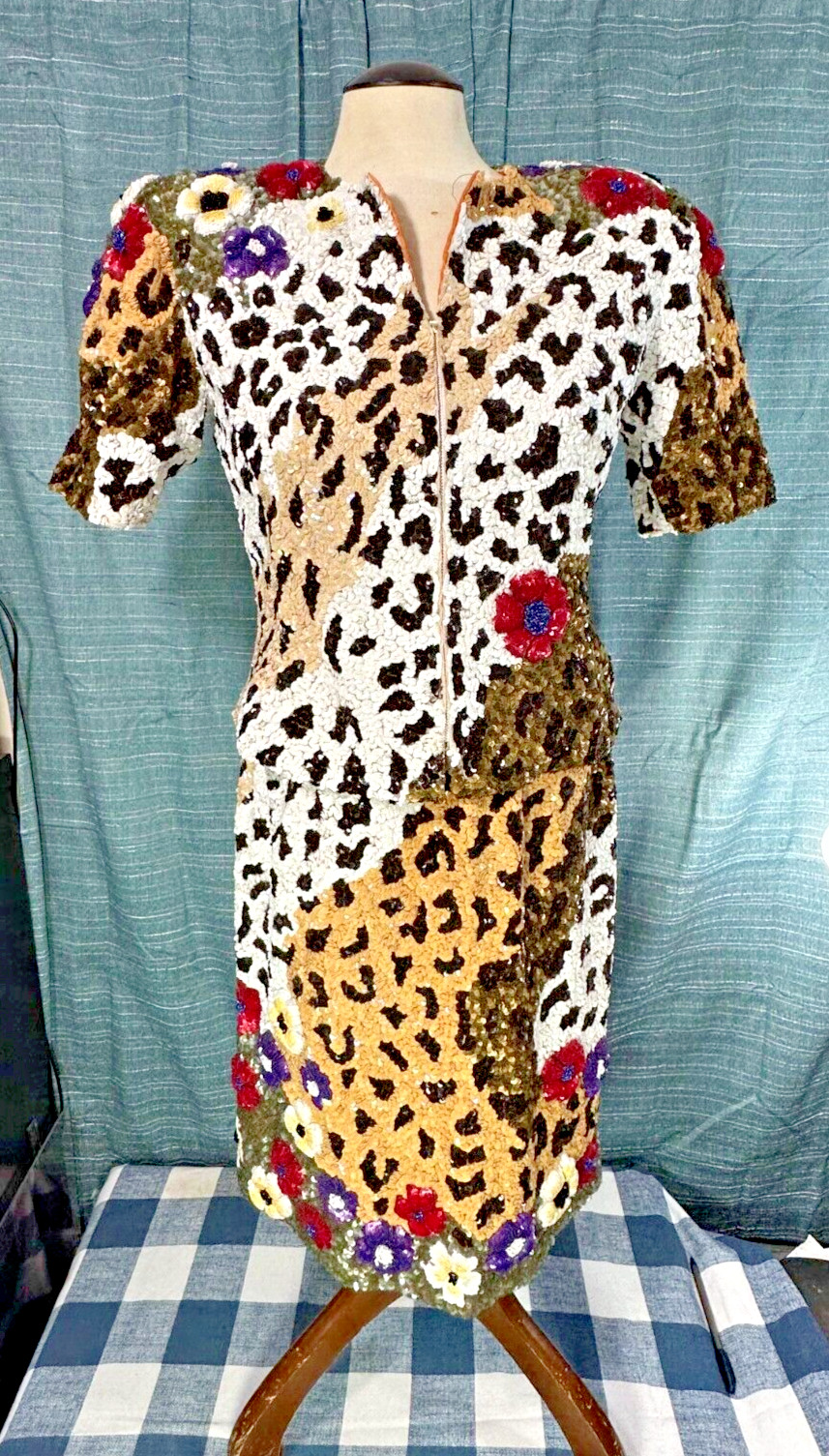 Vintage Richilene Floral Cheetah Beaded Sequin Zipper Suit Outfit – Sz. 6