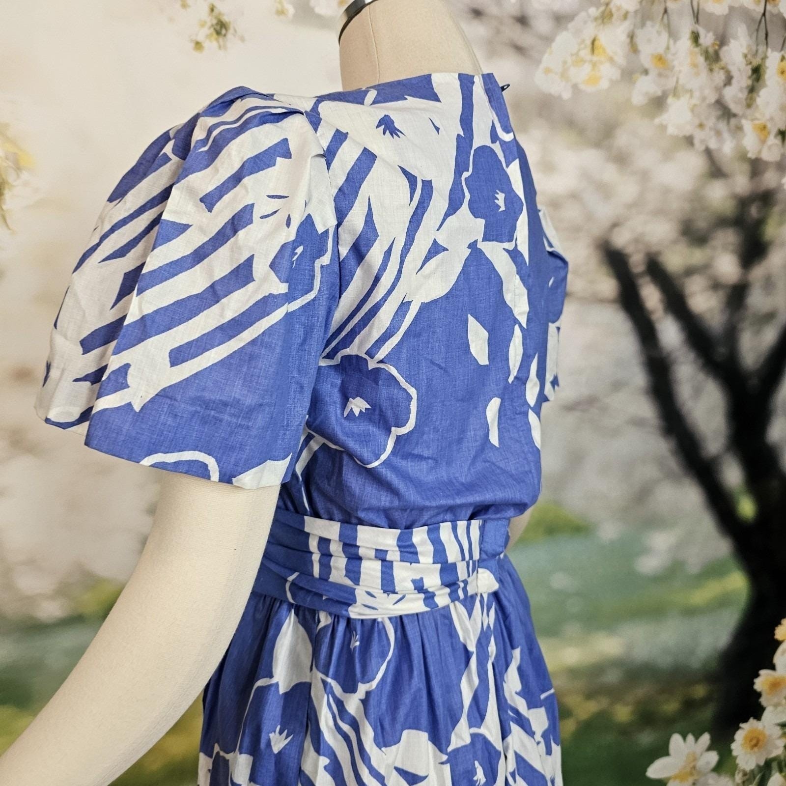 Vintage Faux Wrap Style Dress Sky Blue White Floral Print Fluttery Sleeves Gown