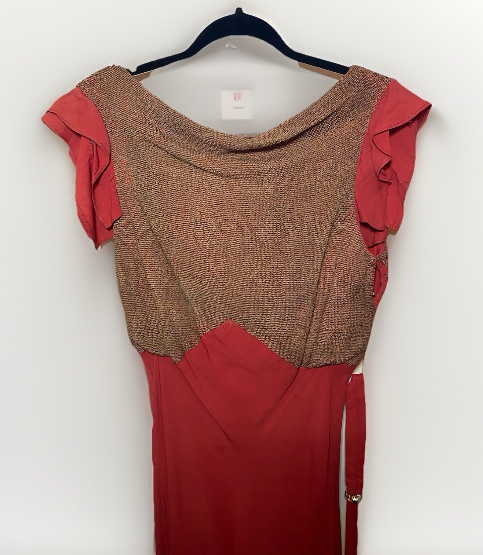 Vintage 1930s Bias Cut Red Rayon Crepe Woven Metallic Knit Evening Gown Dress