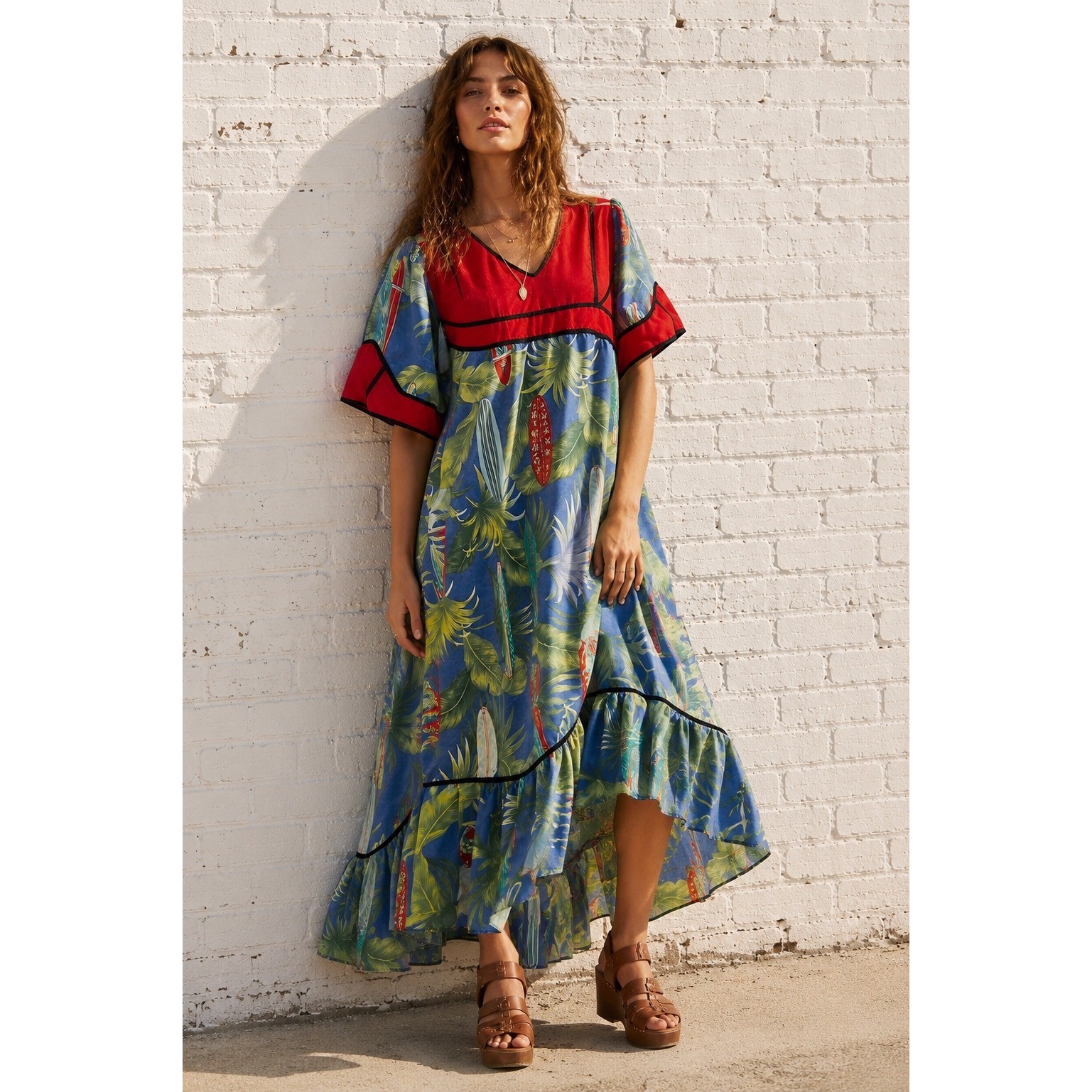 Vintage Blue Red Cotton Surfboard Palm Print Tropical Muu Muu Ruffle Dress Large