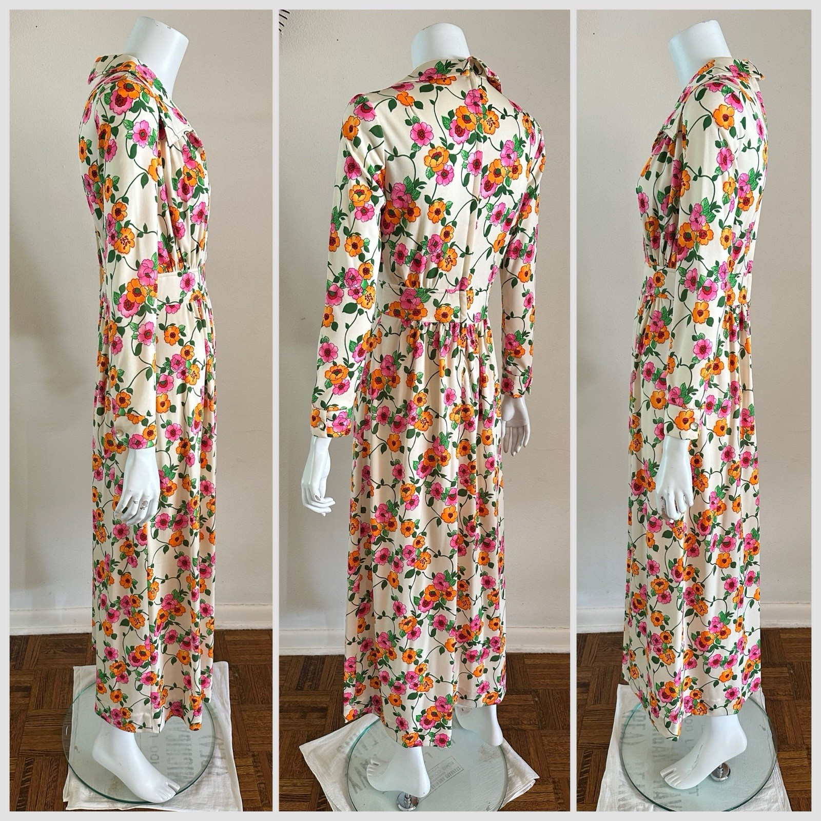 1970s Floral Maxi Dress Wide Collar Scovill Zip Mod Boho Hostess Novelty VTG S M