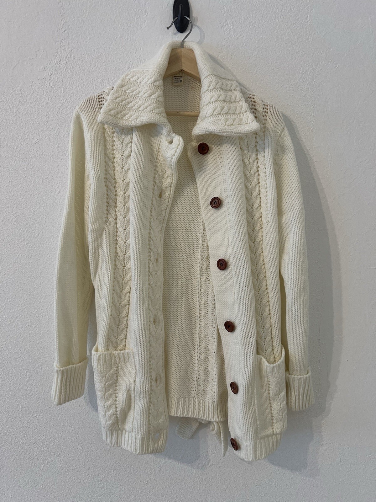 Vintage 70s Cable Knit Cardigan Wood Button Front Tie Waist Cottage Fisherman