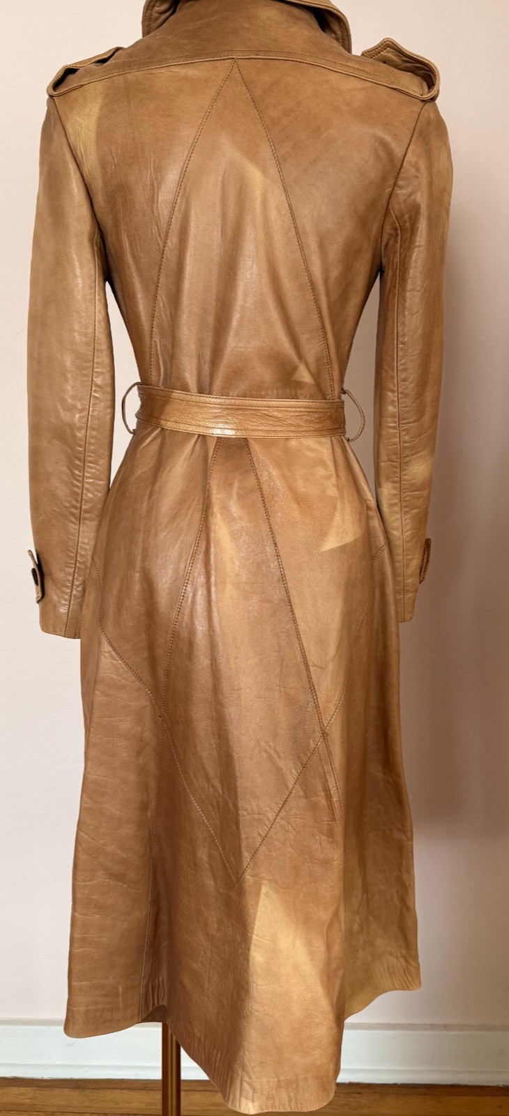 Vintage 100% Leather Trench Coat XS XXS Tan Belted Jacket Handmade in Mexico