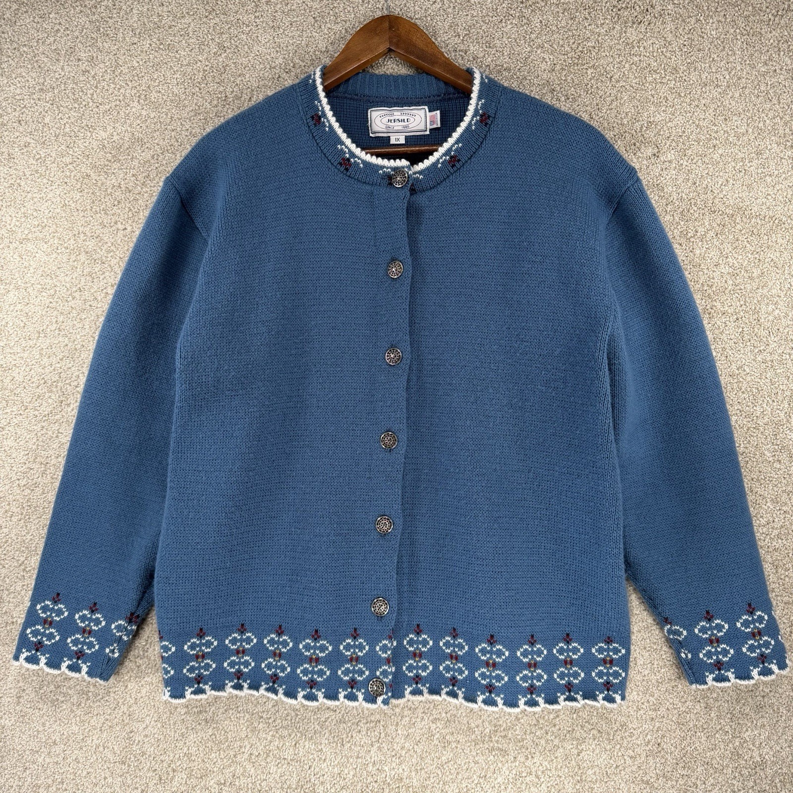 Jersild Cardigan Sweatee Sz 1X Nordic Cottage Core Fair Isle Blue Coquette USA
