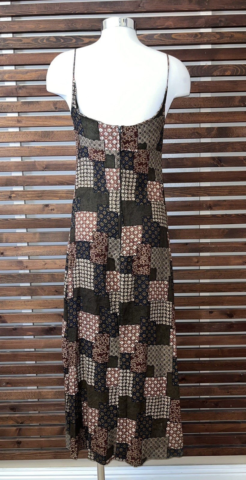 Vintage 1990s 90s Patchwork Print Brown Spaghetti Strap Grunge CTME Dress 3/4