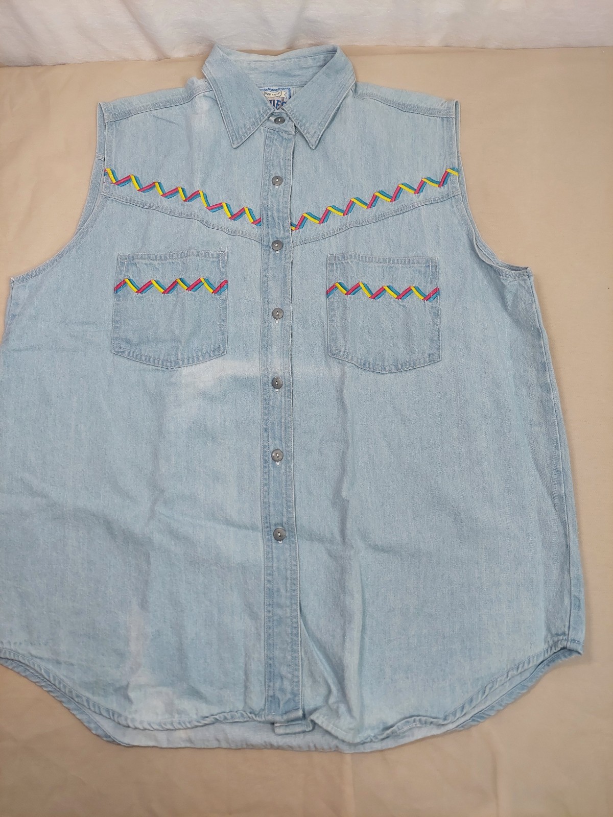 Vintage Denim Shirt L Sleeveless Western Zig Zag Boho Cowgirl 90s 100% Cotton