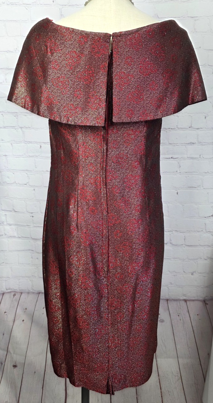 Vintage 60’s Sheath Cocktail Dress Red Gold Metallic Bow Elegant Luxury Glam S/M