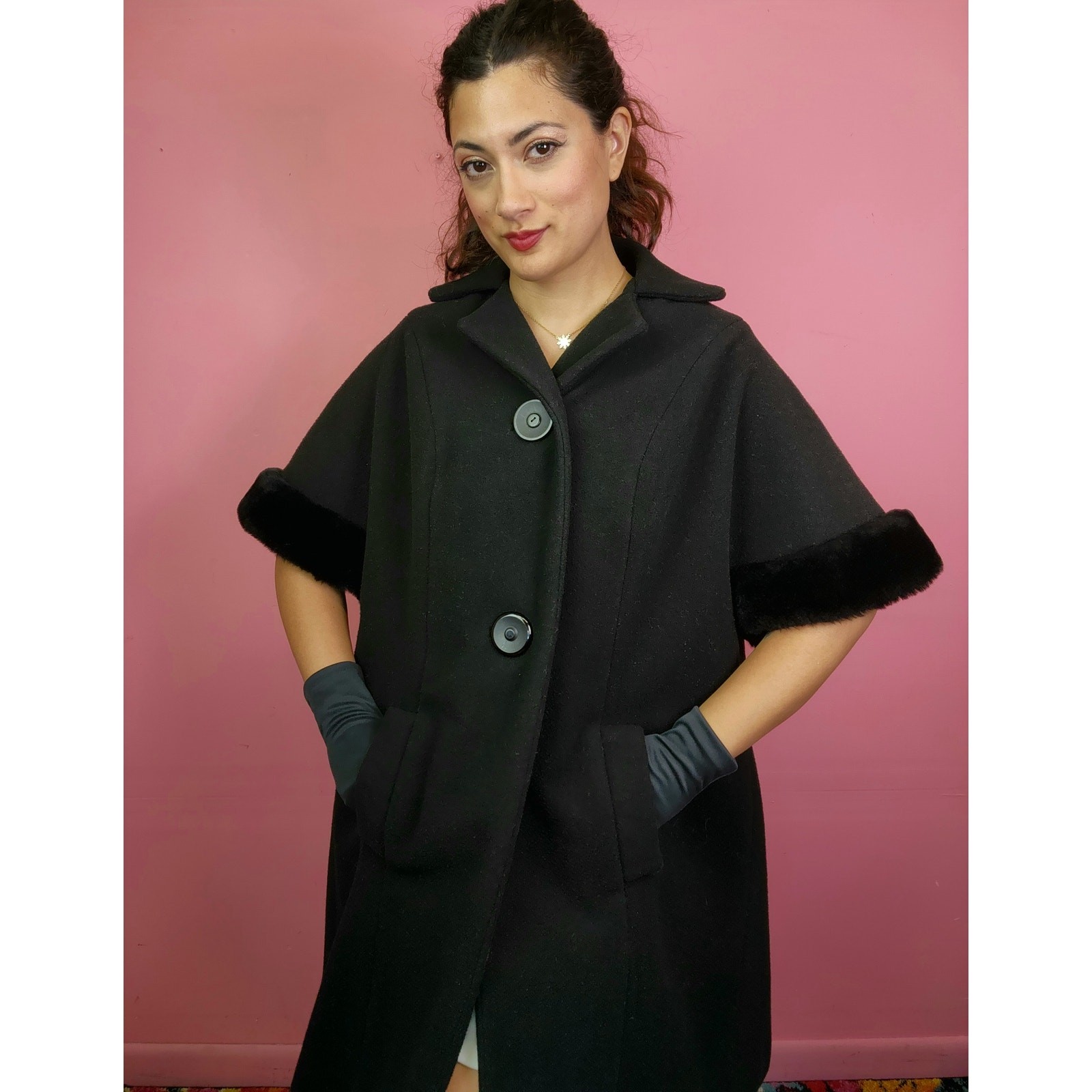 Vintage 1950’s to 1960’s Black Wool and Faux Fur Swing Coat Half Sleeve