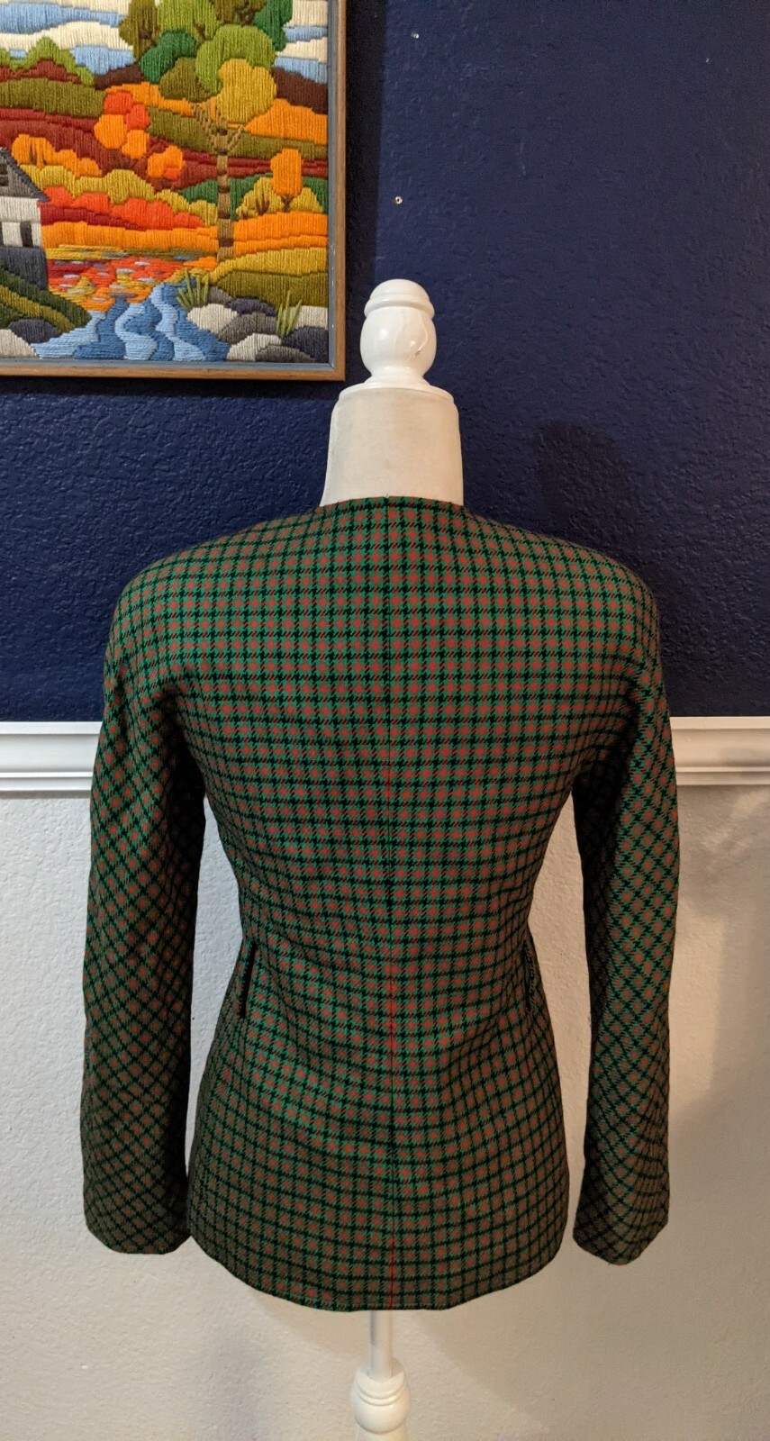 VTG Carlisle Green Red Plaid Collarless Blazer Jacket 100% Wool Sz 6 Small S