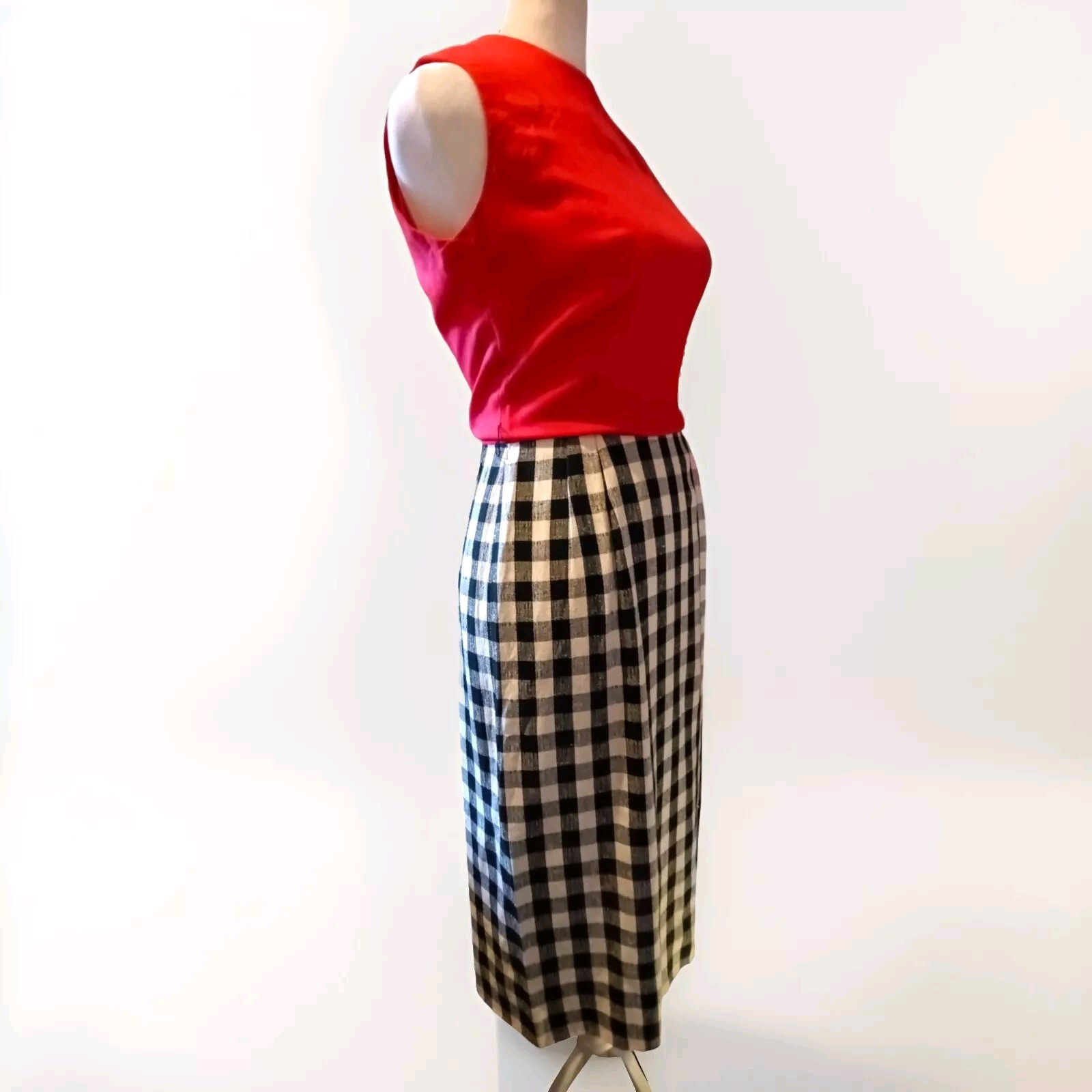 VTG 60s Jerry Gilden 2 Tone Scarlet Red & Gingham Plaid Wiggle/Pencil Dress XS
