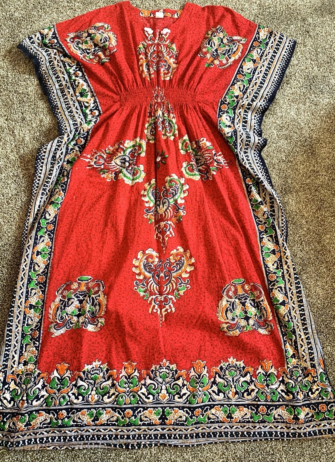 VTG RED BATIK Asian Maxi Long DRESS Kaftan Muumuu Lounge Flutter Empire LARGE