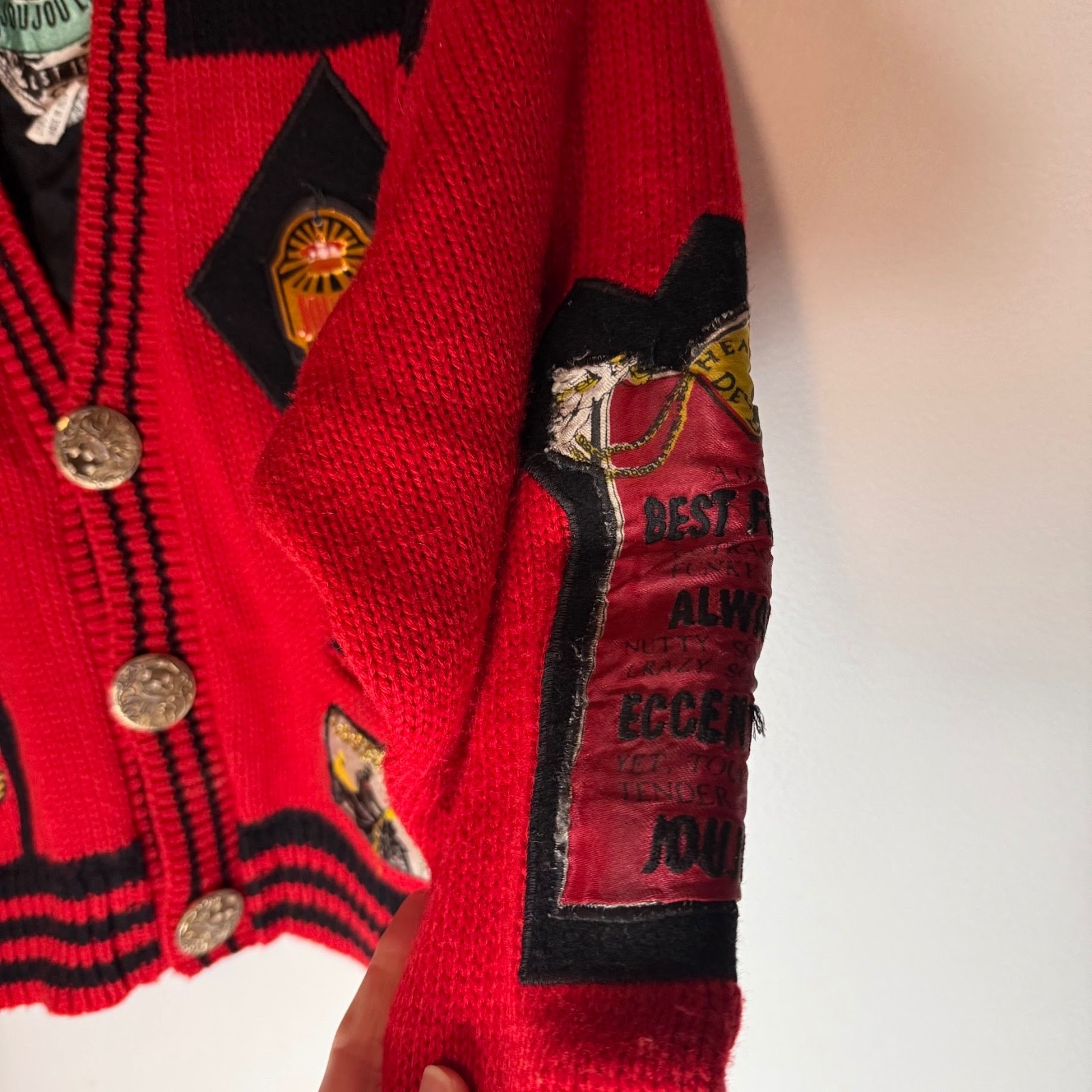 VTG JouJou 80s 90s Heavens Devils Moto Patches Cardigan Chunky Womens M
