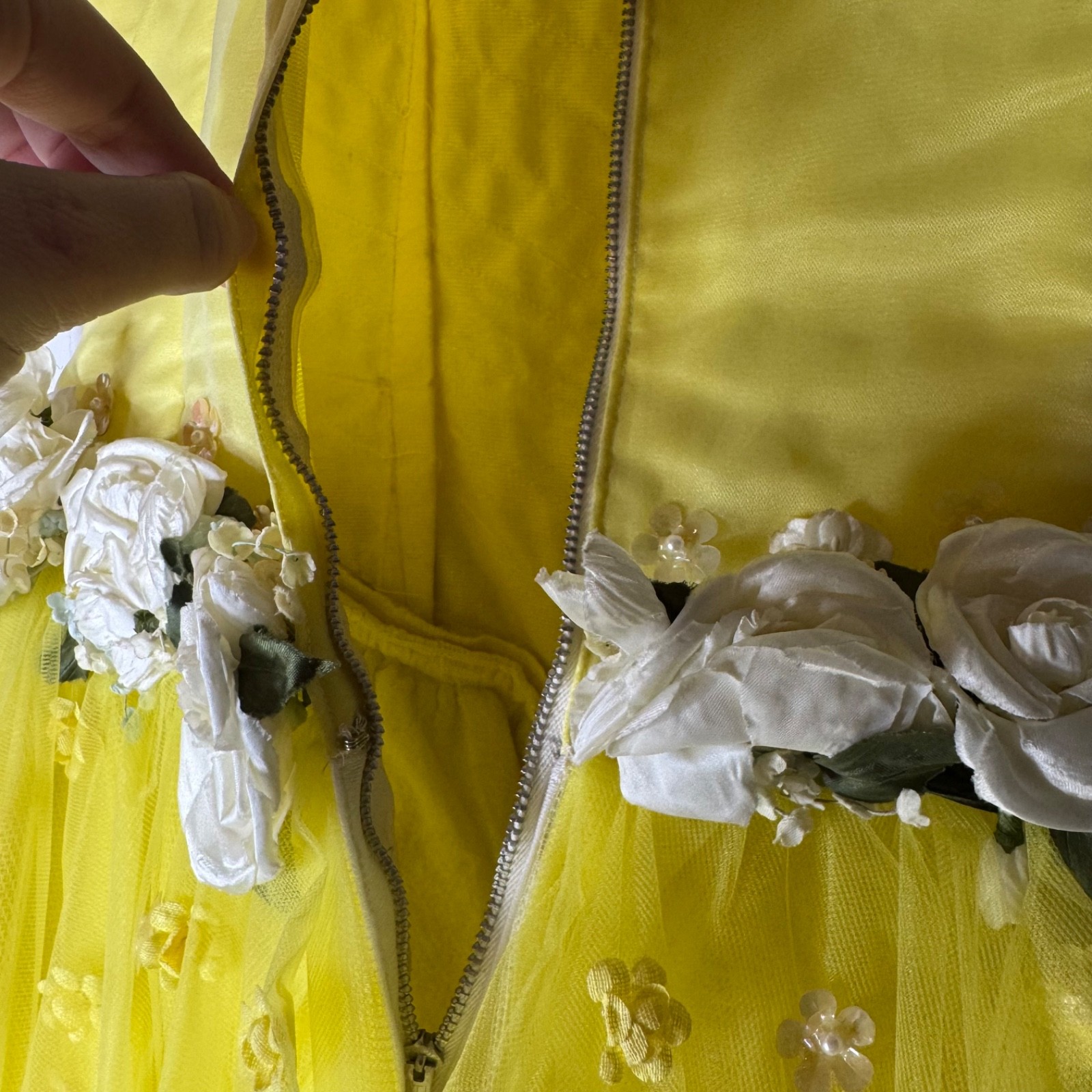 VTG 50s Tulle Gown Prom Dress Yellow Cupcake Illusion Neckline Cotillion XS