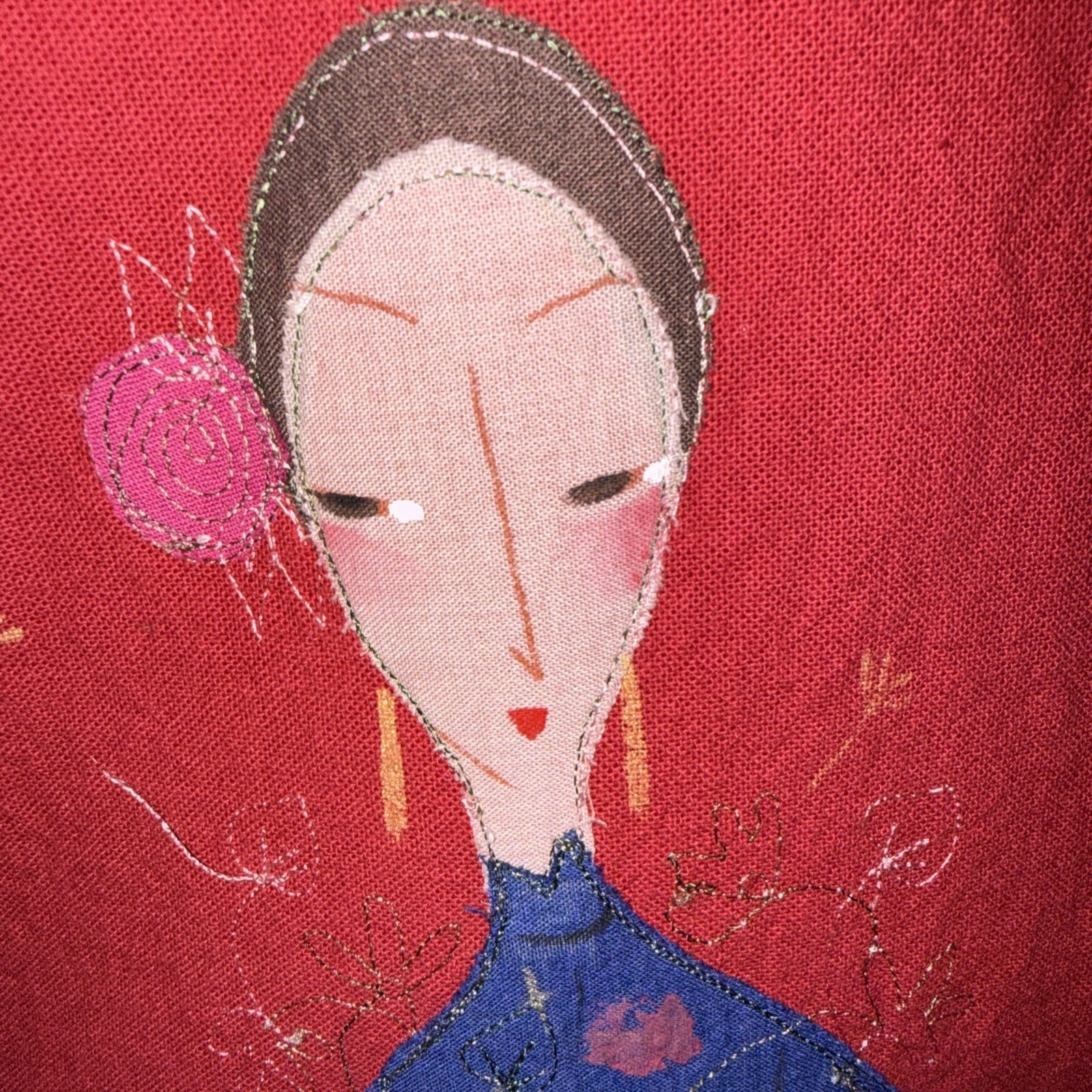 Artisan Red Asian Style Cheongsam Dress Hand Painted Lined Applique 90’s EUC