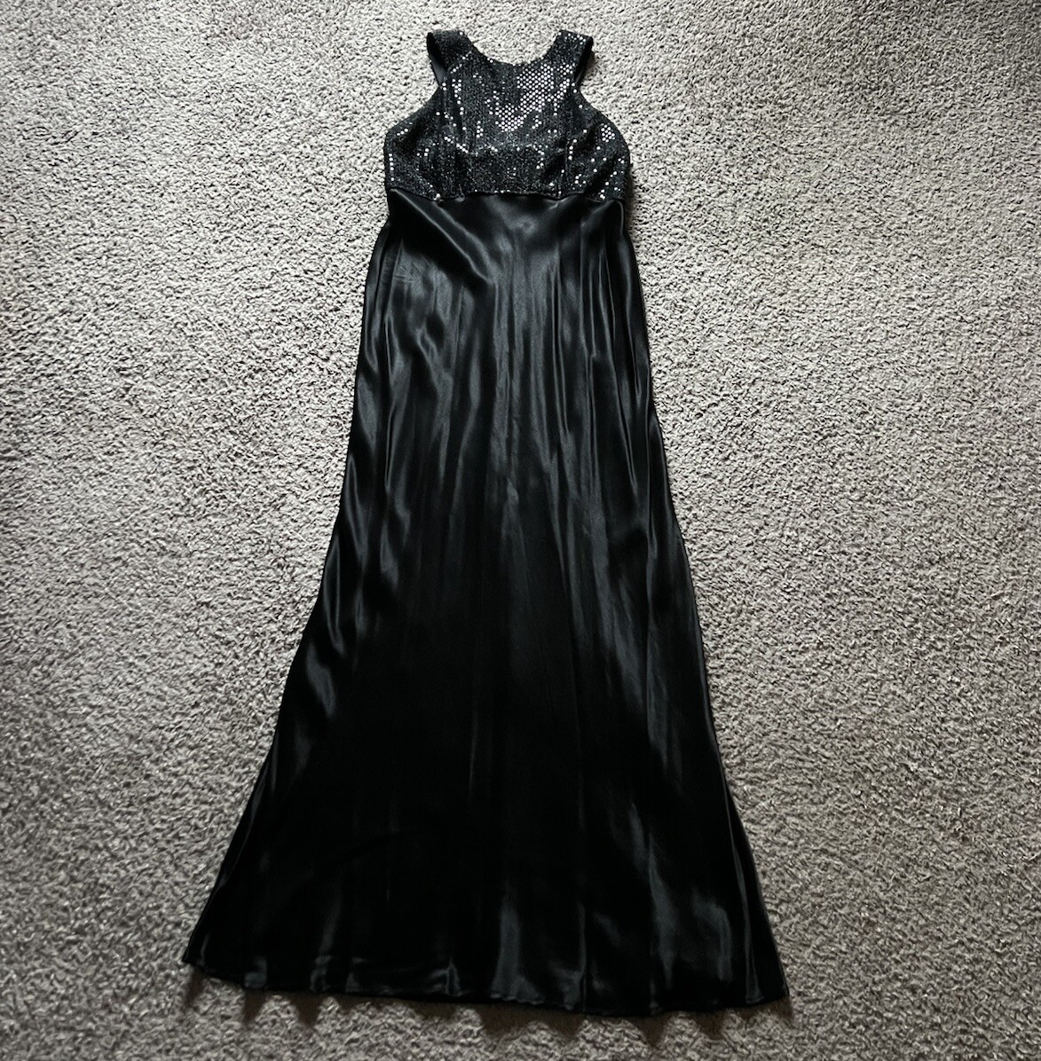 Vintage 90s Y2K Formal Dress Black Sequin Satin Maxi Full Length Made in USA