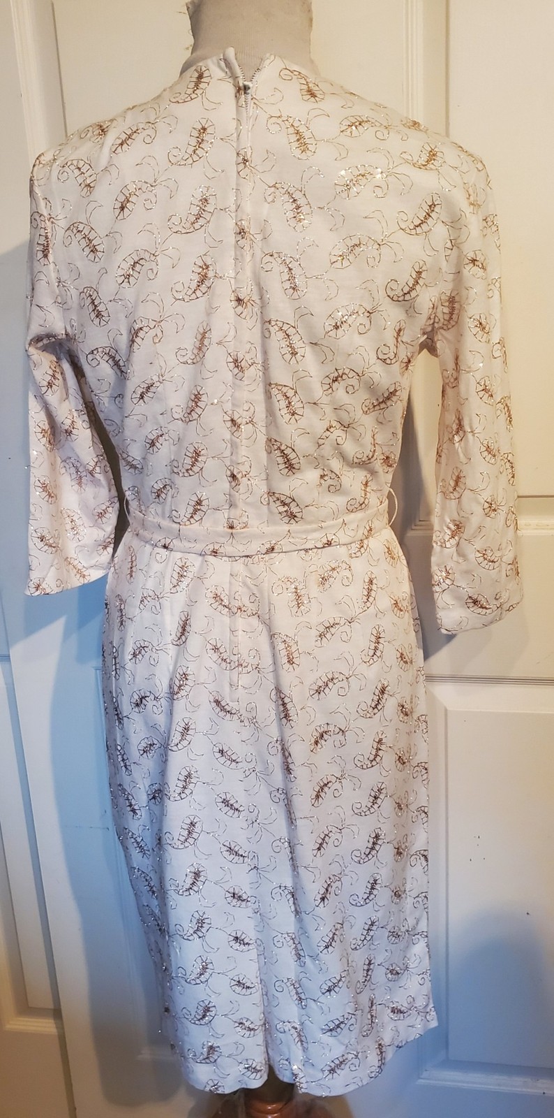 Vintage 50s 60s Winter White Wool Dress Metallic Gold Trim B38