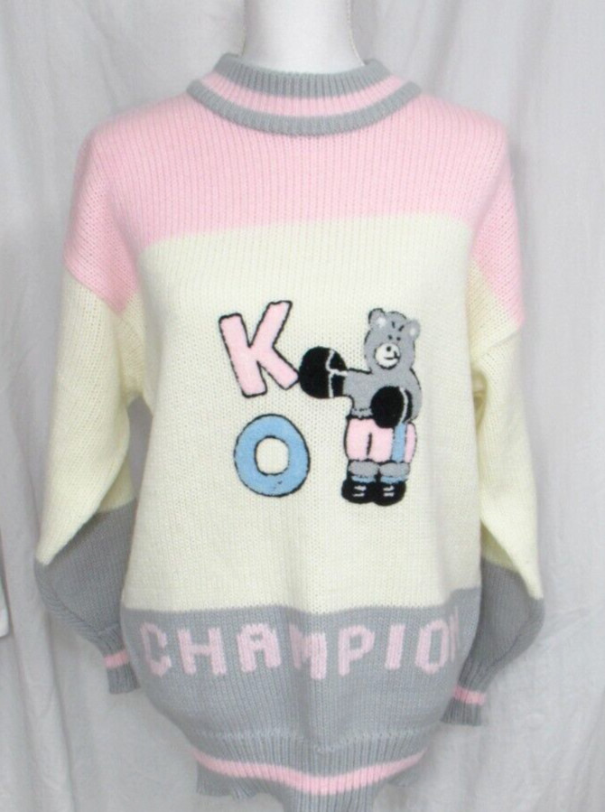 NWT Vintage Jamie Scott KO Champion Bear Boxing Sweater Pink Gray NEW Medium