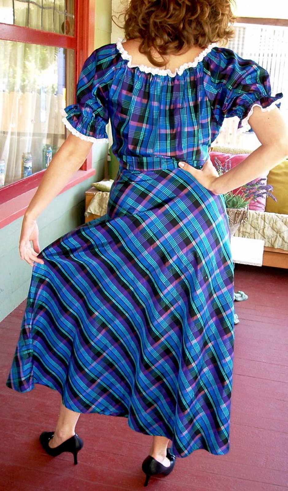 VTG 80s Steam Punk Victorian Crisp Satin Taffeta Plaid Puff SLV Swing Dress M/8