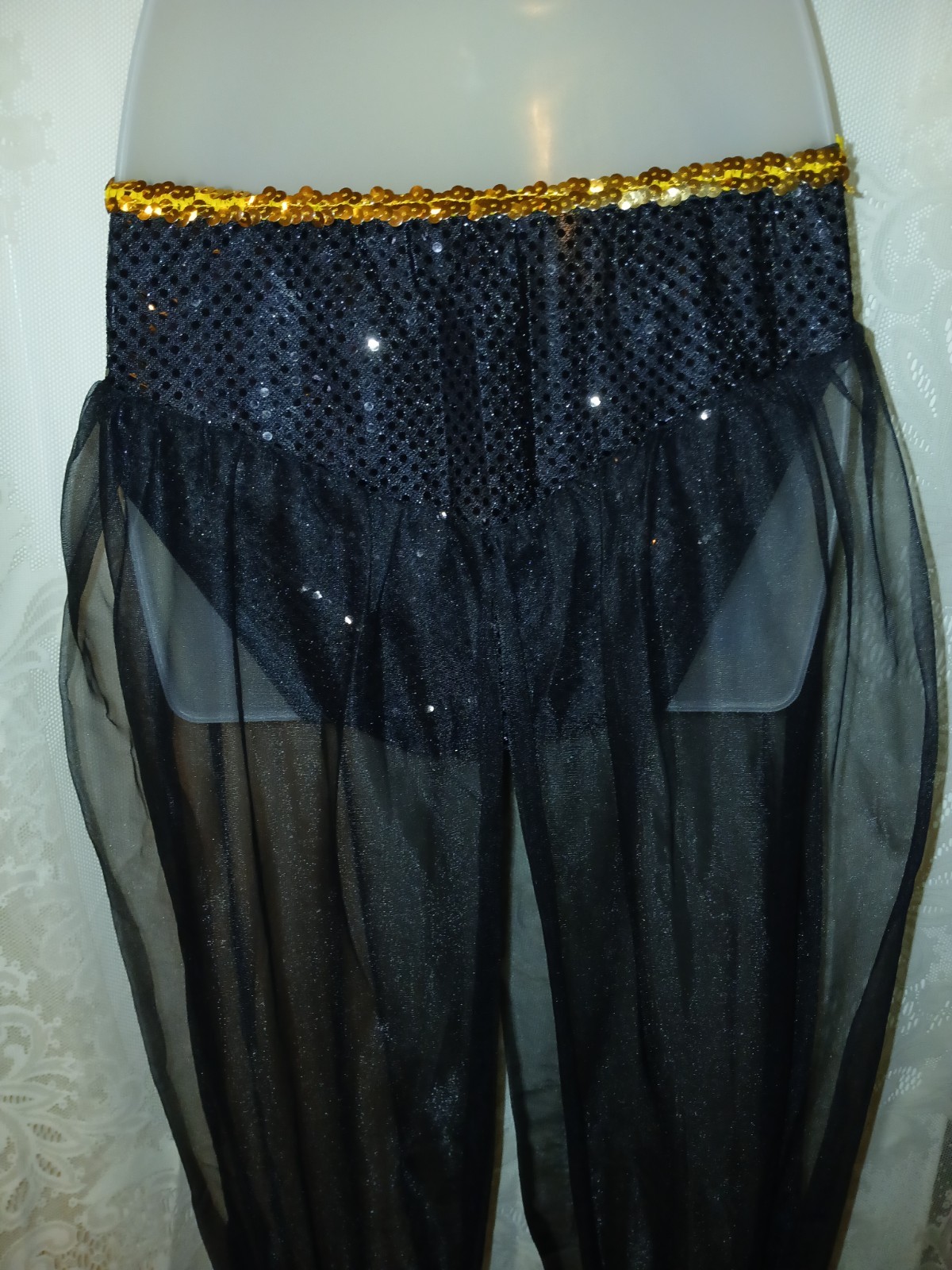 Vintage Belly Dancing Harem Genie Costume Black Chiffon Sequin Gold Coins XS