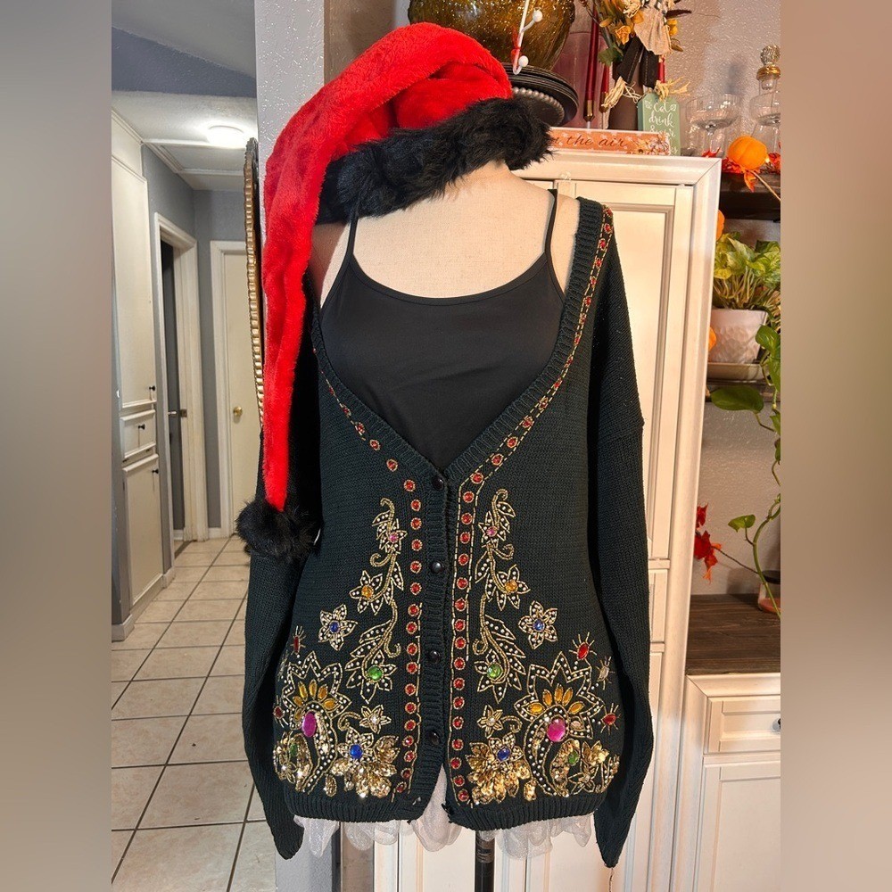 Vintage Black Beaded Sequin Gemstone Floral Cardigan Sweater Large Holiday