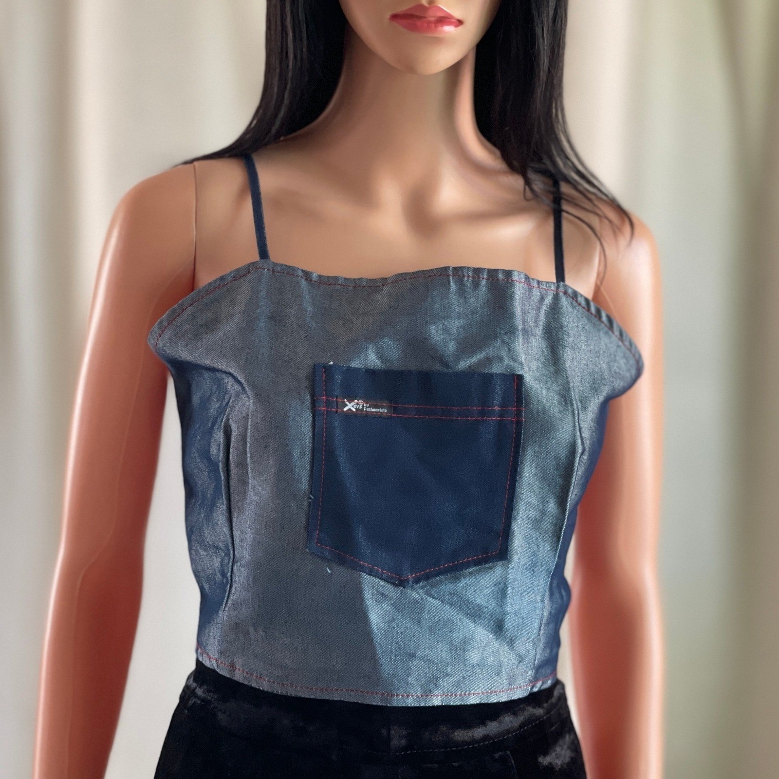 Vintage 90s Y2K Denim Metallic Crop Top Blue Streetwear Grunge Indie Festival XL