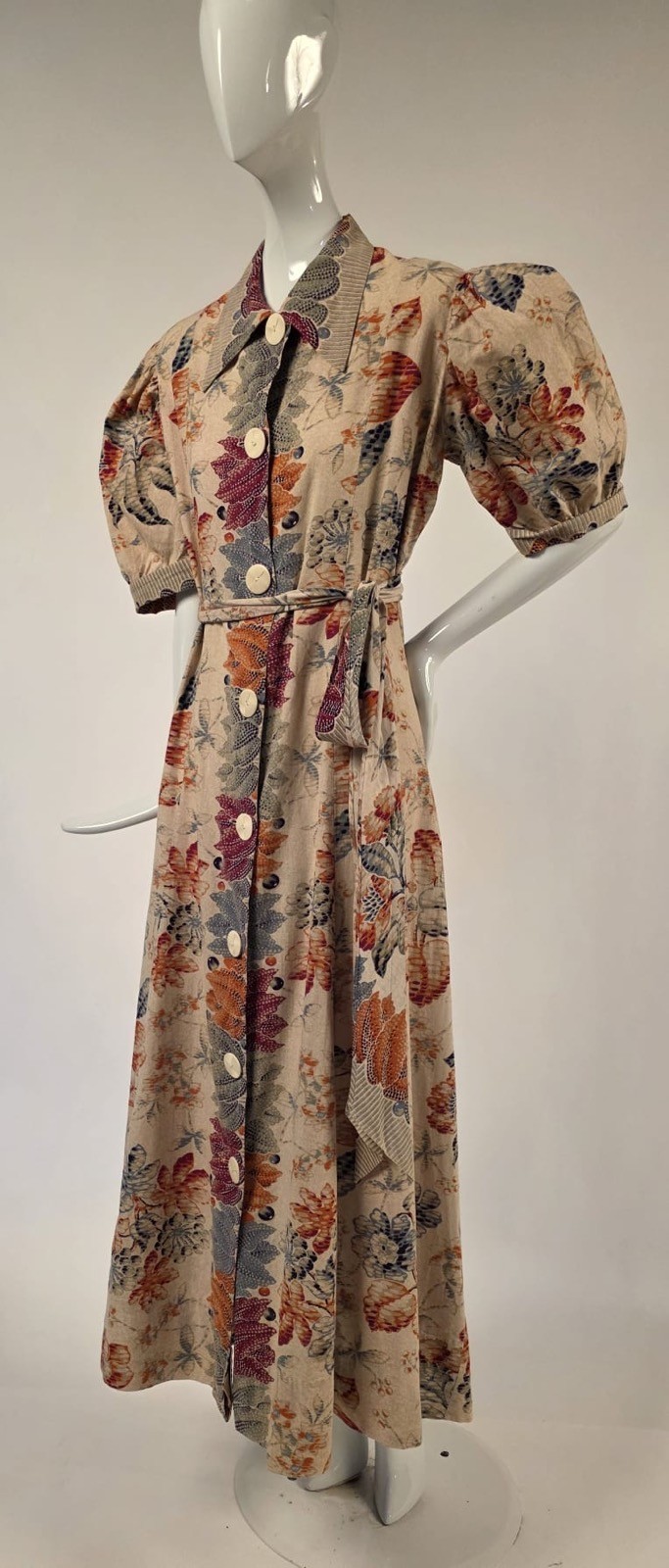 1930’S UNUSUAL BATIK STYLE FLORAL STRIPE PRINT COTTON SUMMER DRESS W BELT
