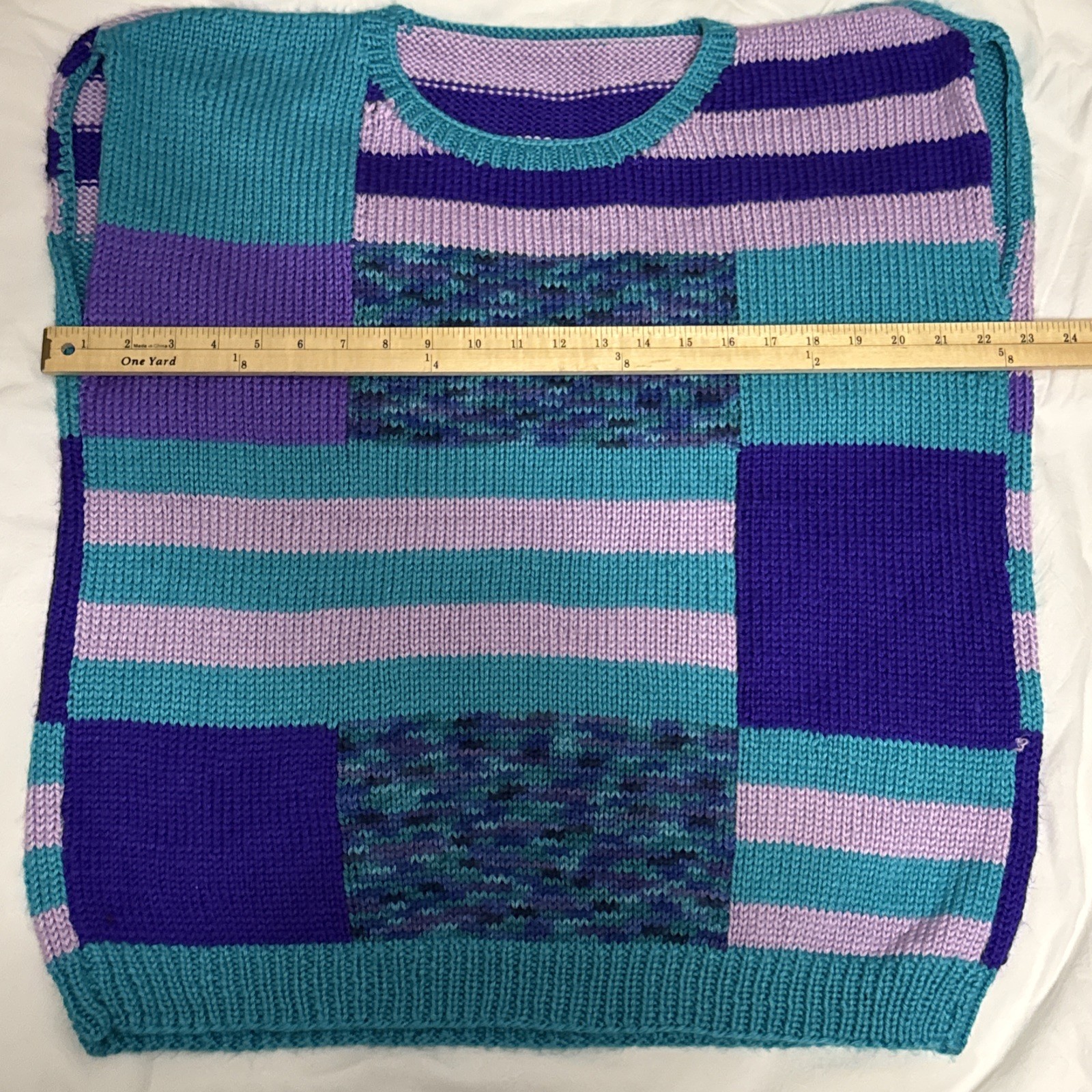 Vintage Handmade Knitted Purple Turquoise Colorblock Sleeveless Sweater Vest XL