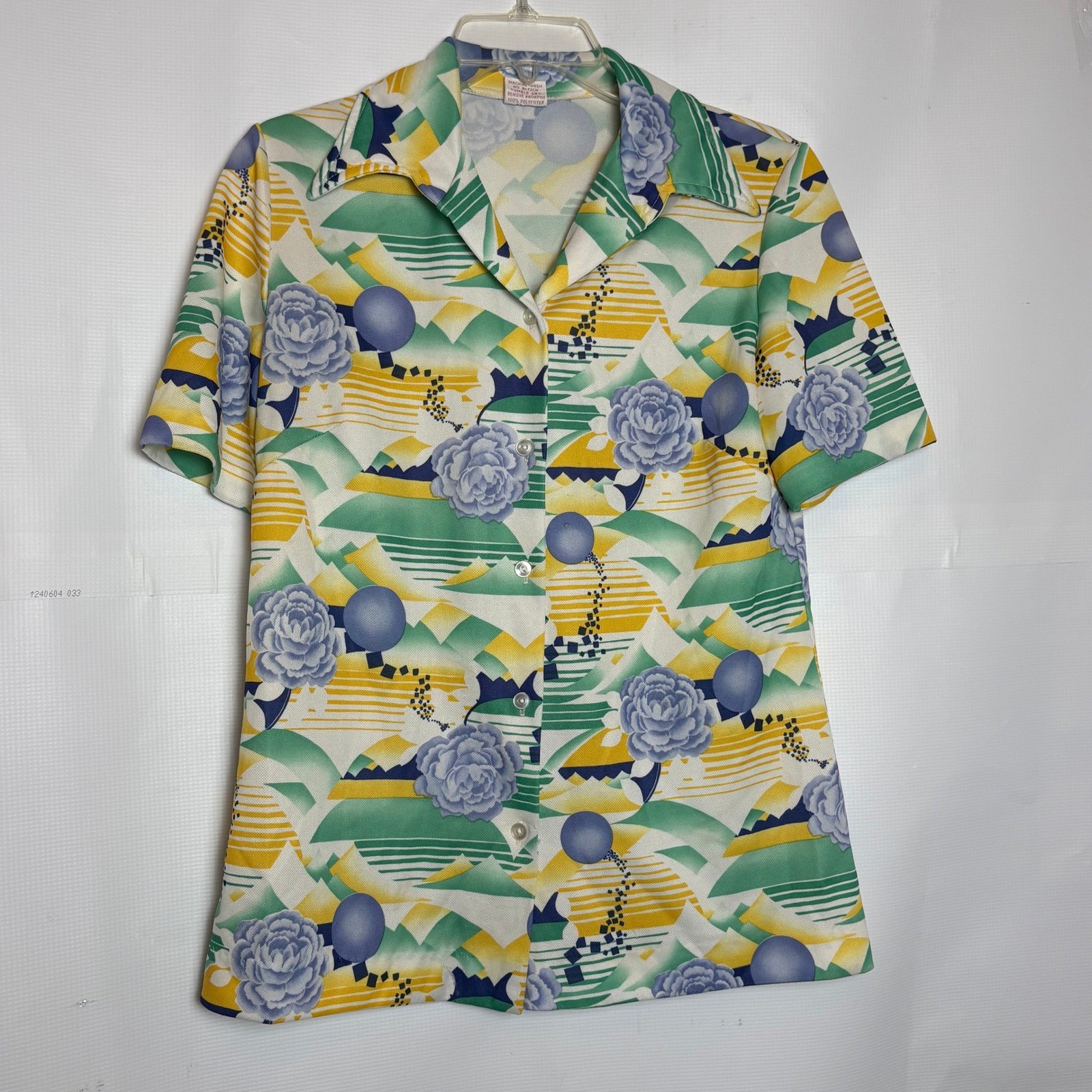 Vintage Randon 70s Geometric Floral Button Front Blouse Green Yellow Blue Size M