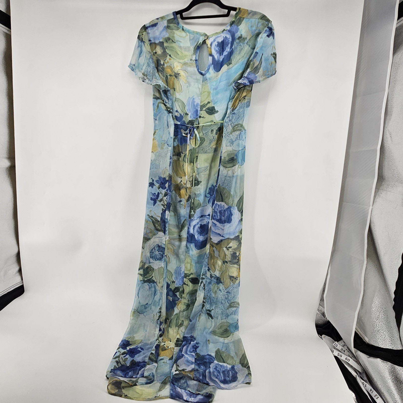 Vintage Floral Maxi Dress Short Sleeve Tie Back Flowy Fairy Summer Medium