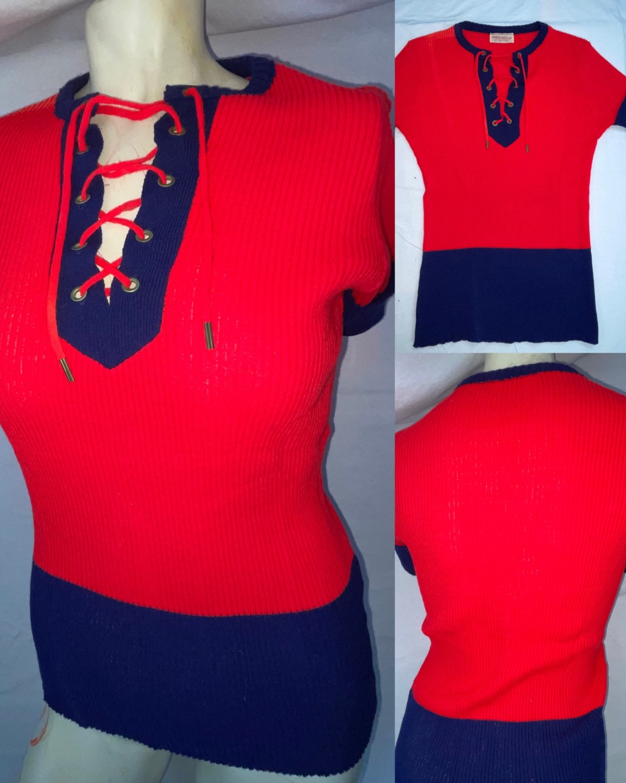 VTG 60S 70S WOMENS SM RED BLUE LACE UP DISCO RETRO HIPPY SWEATER TOP SHIRT
