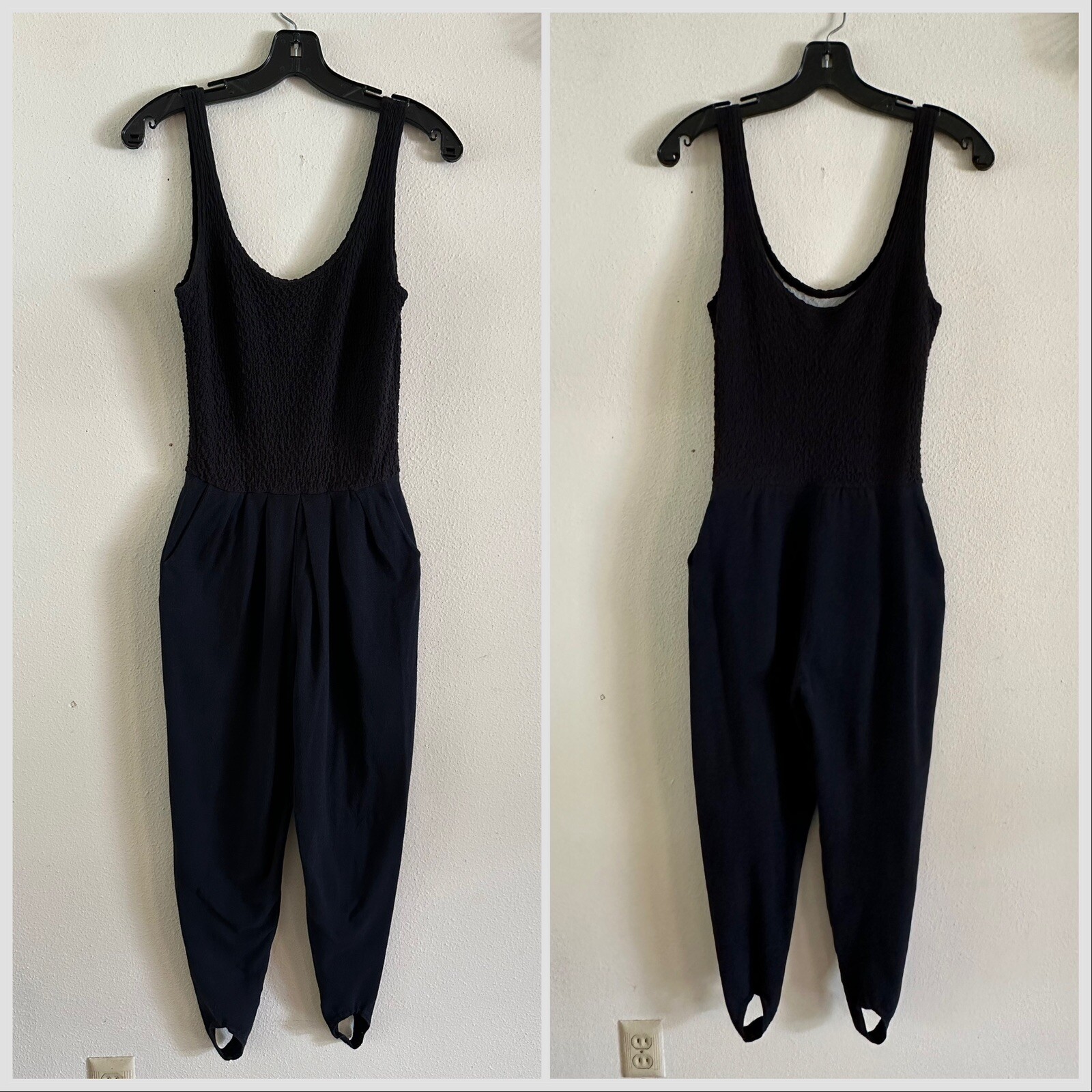 1990s Bettina Riedel NY Stirrup Pant Jumpsuit Romper Pleated Black Catsuit S VTG