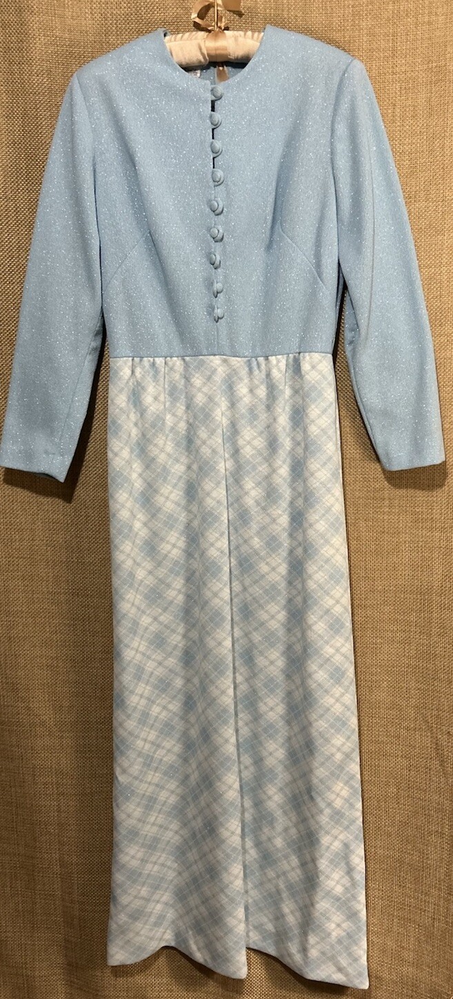 Stoner Square Dress 12 True Vintage 60s Powder Blue Sparkle Plaid Polyester Maxi