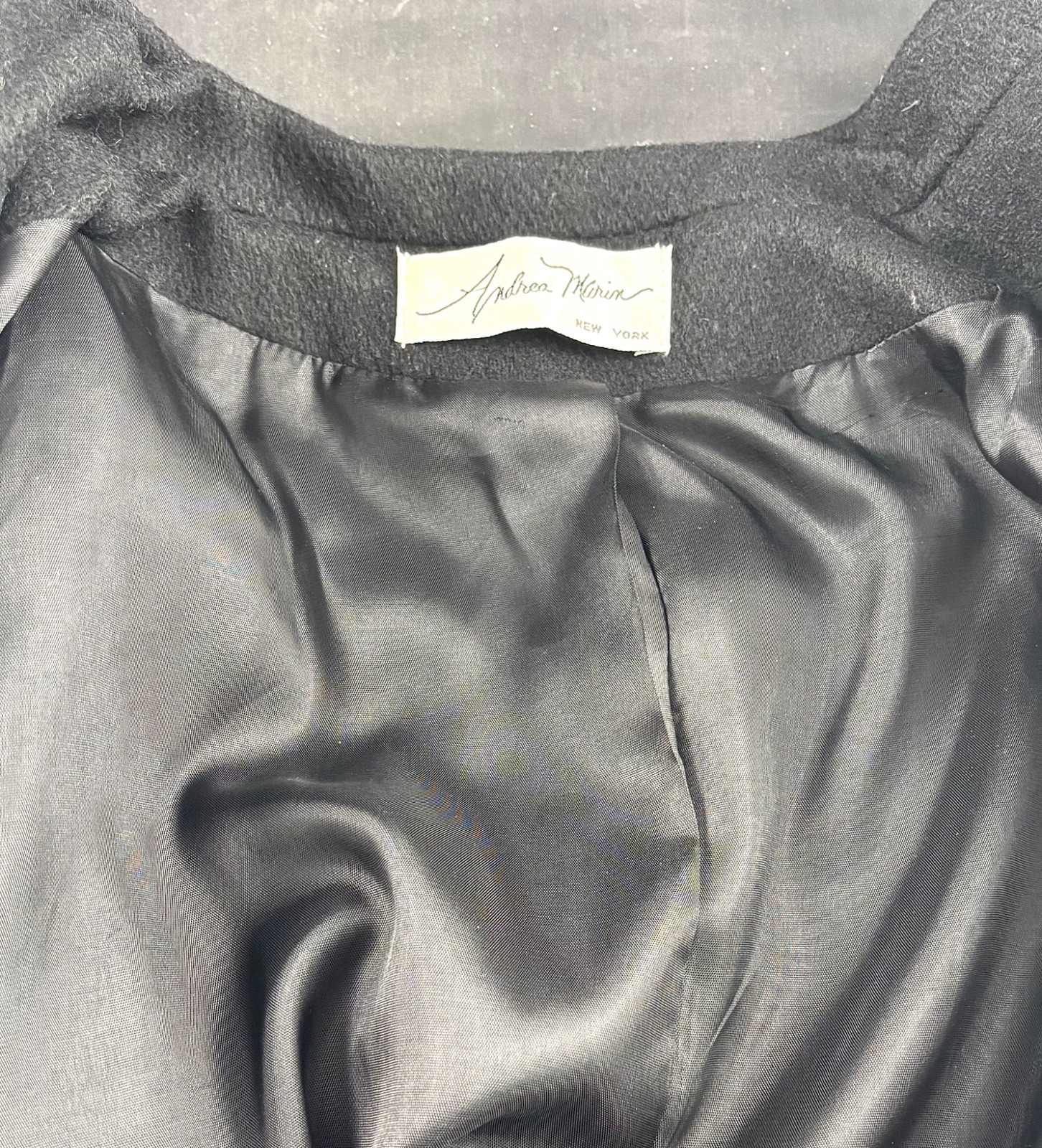 VTG ANDREA MARIN NEW YORK UNION MADE WMS BLACK WOOL BLEND COAT MAXI SEE MEASURE