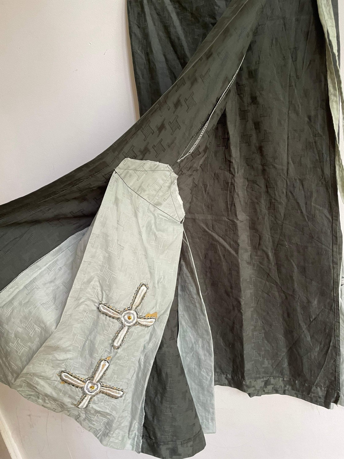 Handmade Sarong with embroidered cross, Vintage green summer skirt, costume, chu
