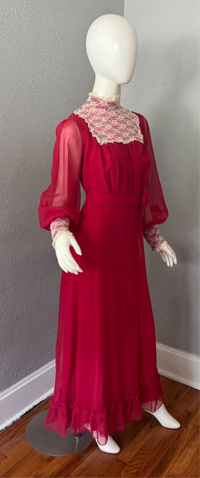 Vintage 70s Chiffon Prairie Cottage Core Party Victorian Maxi Dress M