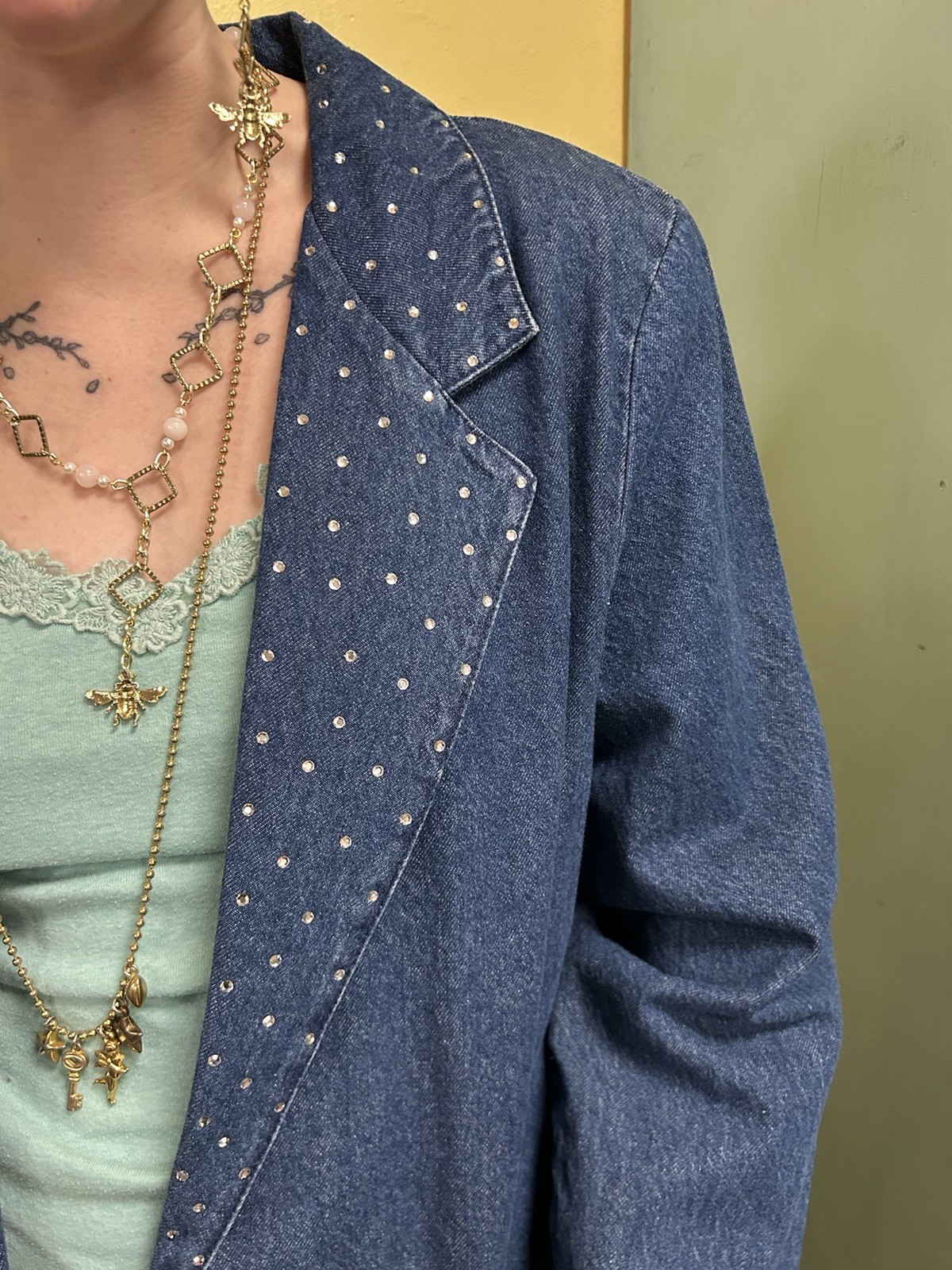 Vintage 90s Alice Stuart Cotton Denim & Rhinestone Blazer Jacket Large