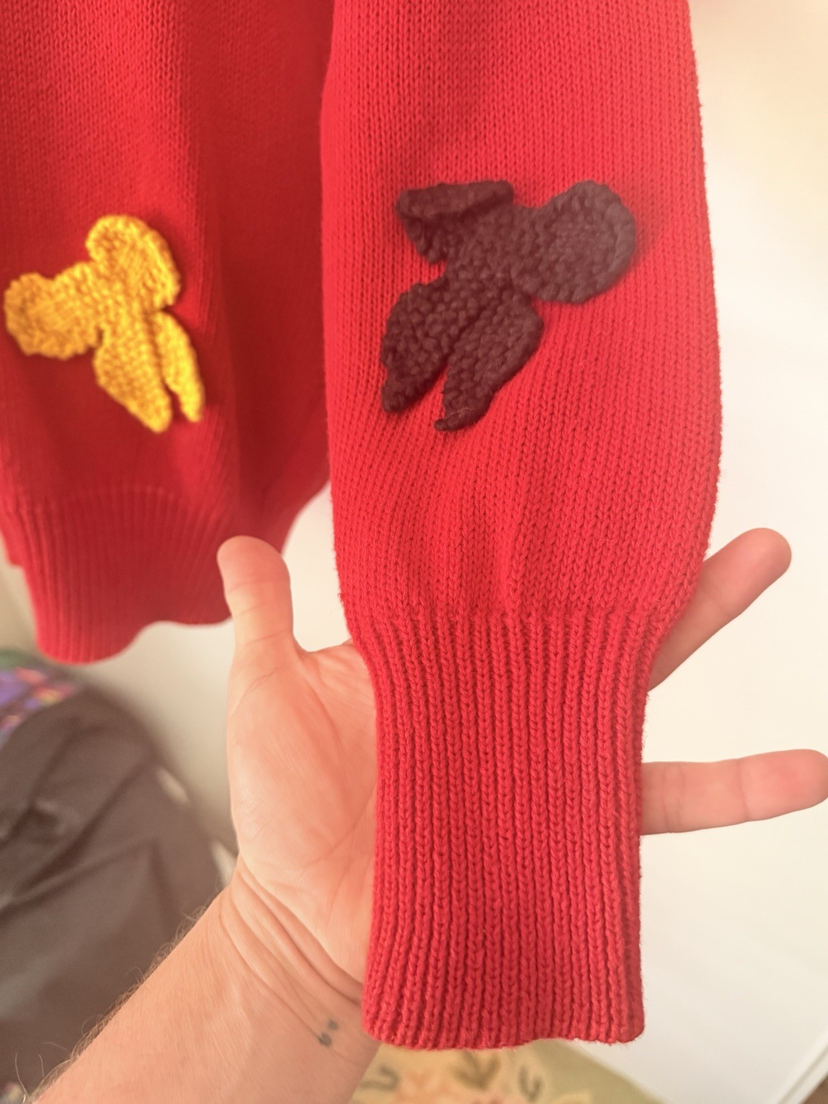 I.B. Diffusion Red Knit Sweater Floral Applique Boho Pullover M Rainbow Bowties