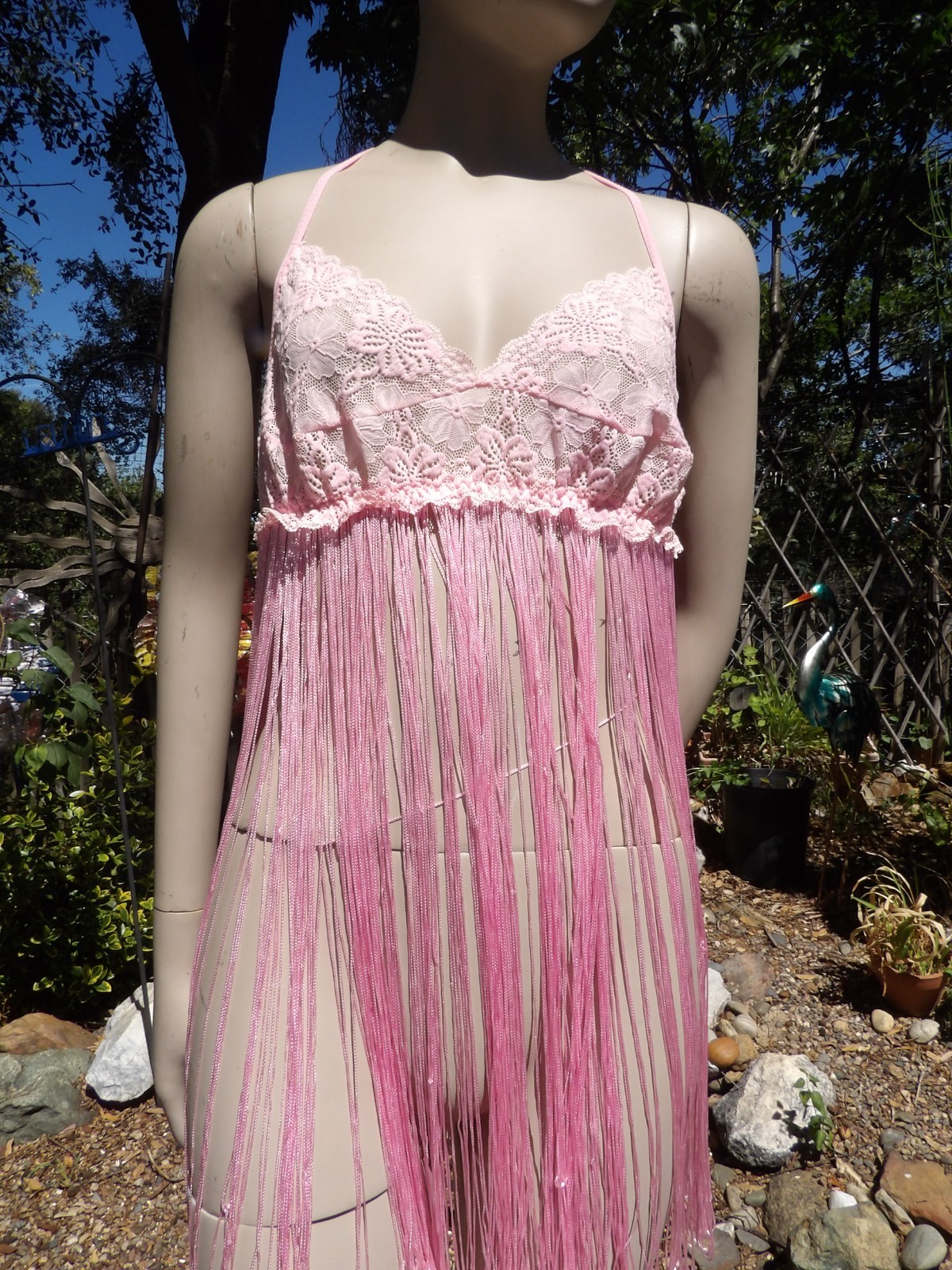 VTG SHIRLEY OF HOLLYWOOD PINK FRINGE & LACE BABY DOLL NIGHTY M