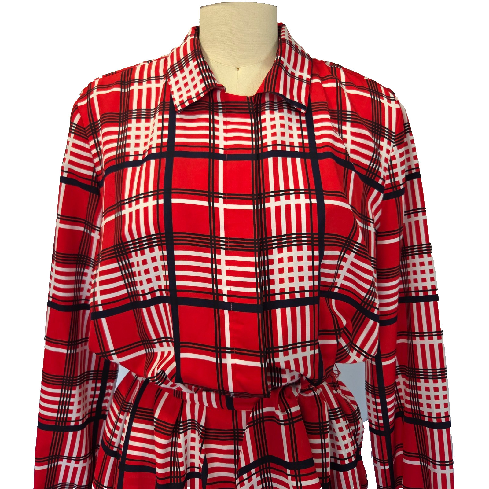 Vintage 70s Red Plaid Midi Shirt Dress Size L Tie Waist Long Sleeve Tartan
