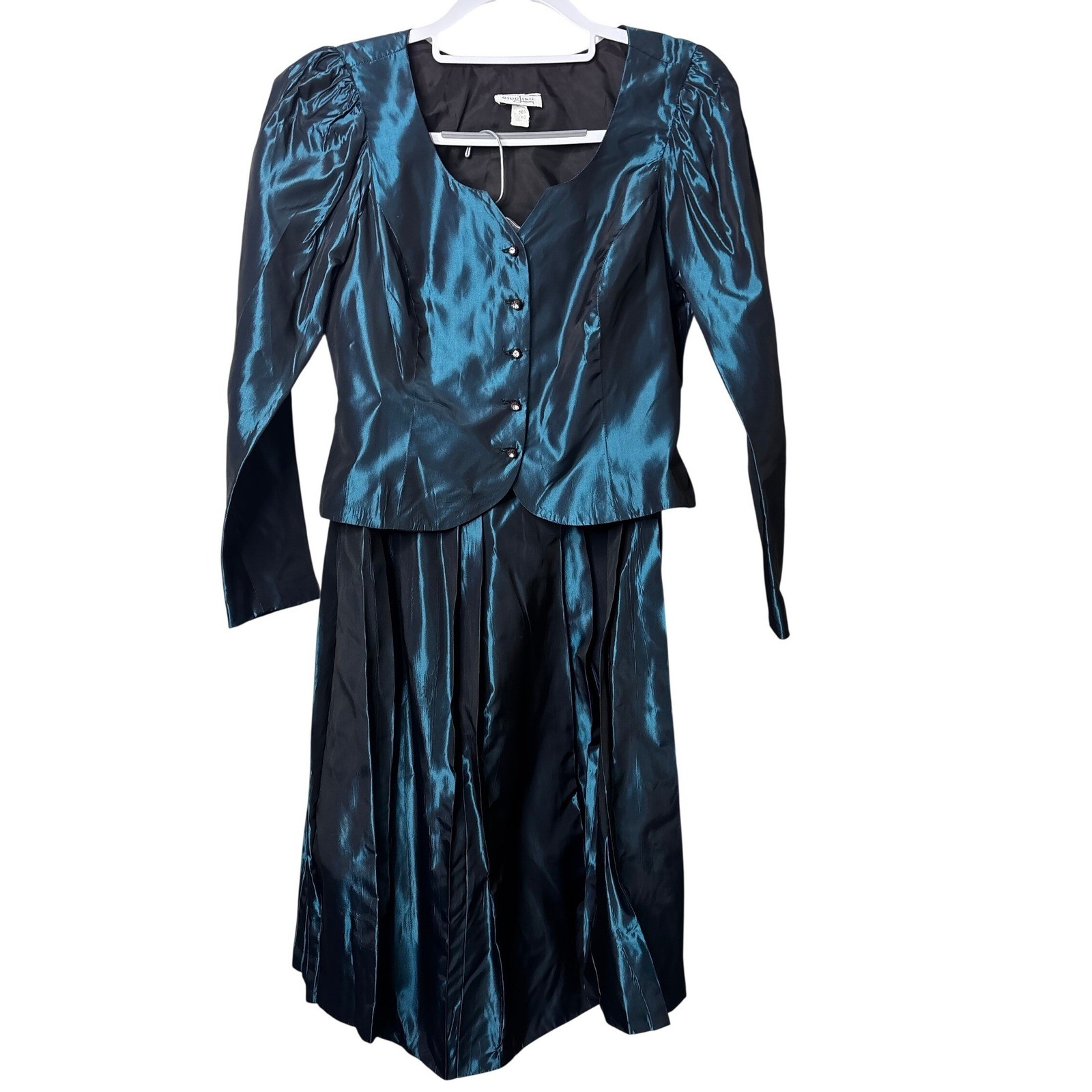 Vtg NEW GIDDING JENNY 80s 2pc Iridescent Teal Formal Dress Jacket Set SZ6 Gown