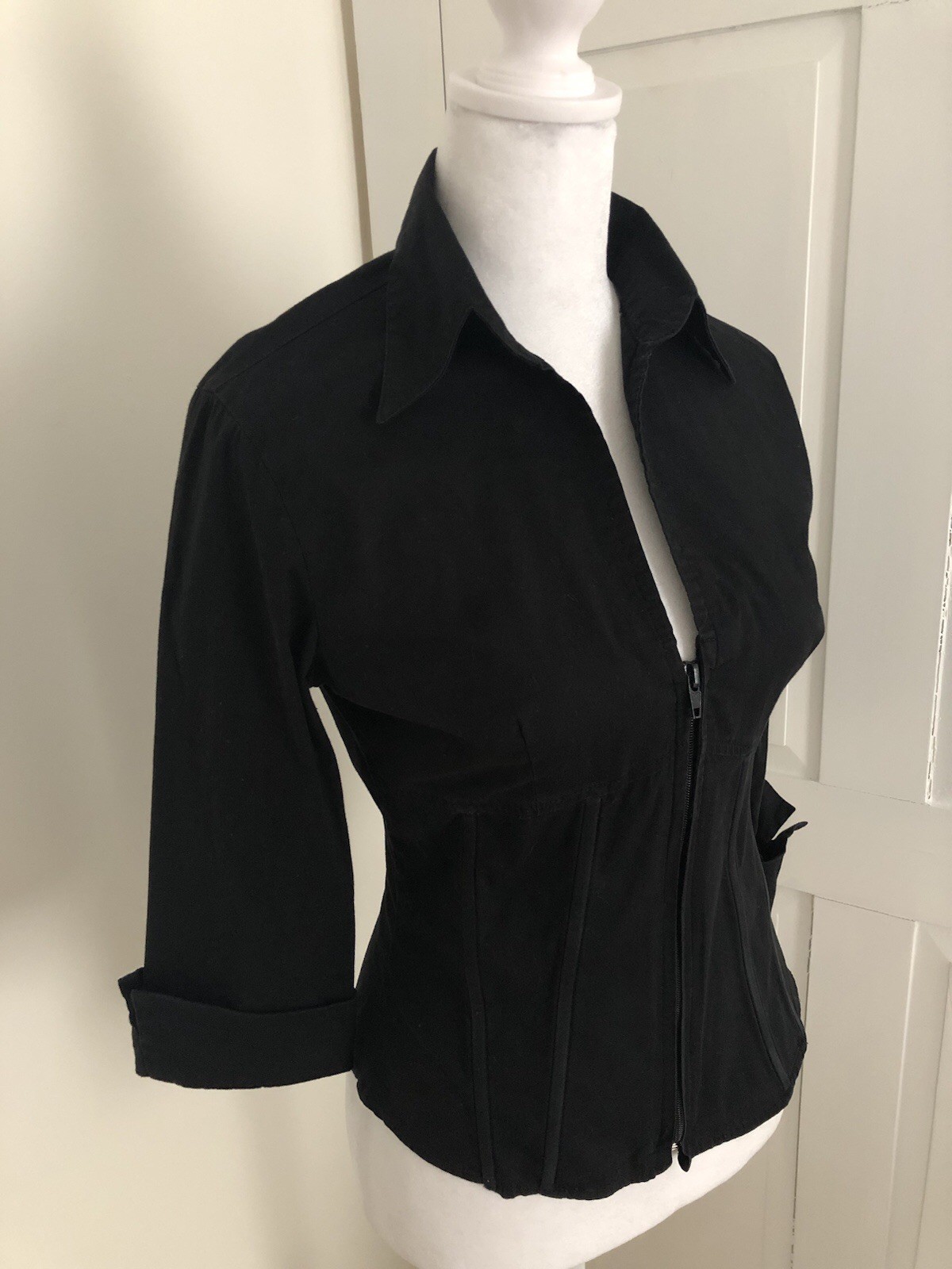 RARE Vintage 1990s XS S Black Corset Top Shirt 90s Goth Basque Waist 3/4 Sleeve