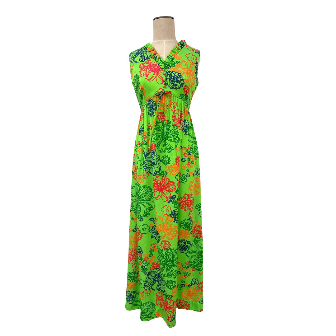 Vintage 1960s Ludy of Honolulu Green Psychedlic Tropical Floral Barkcloth Maxi