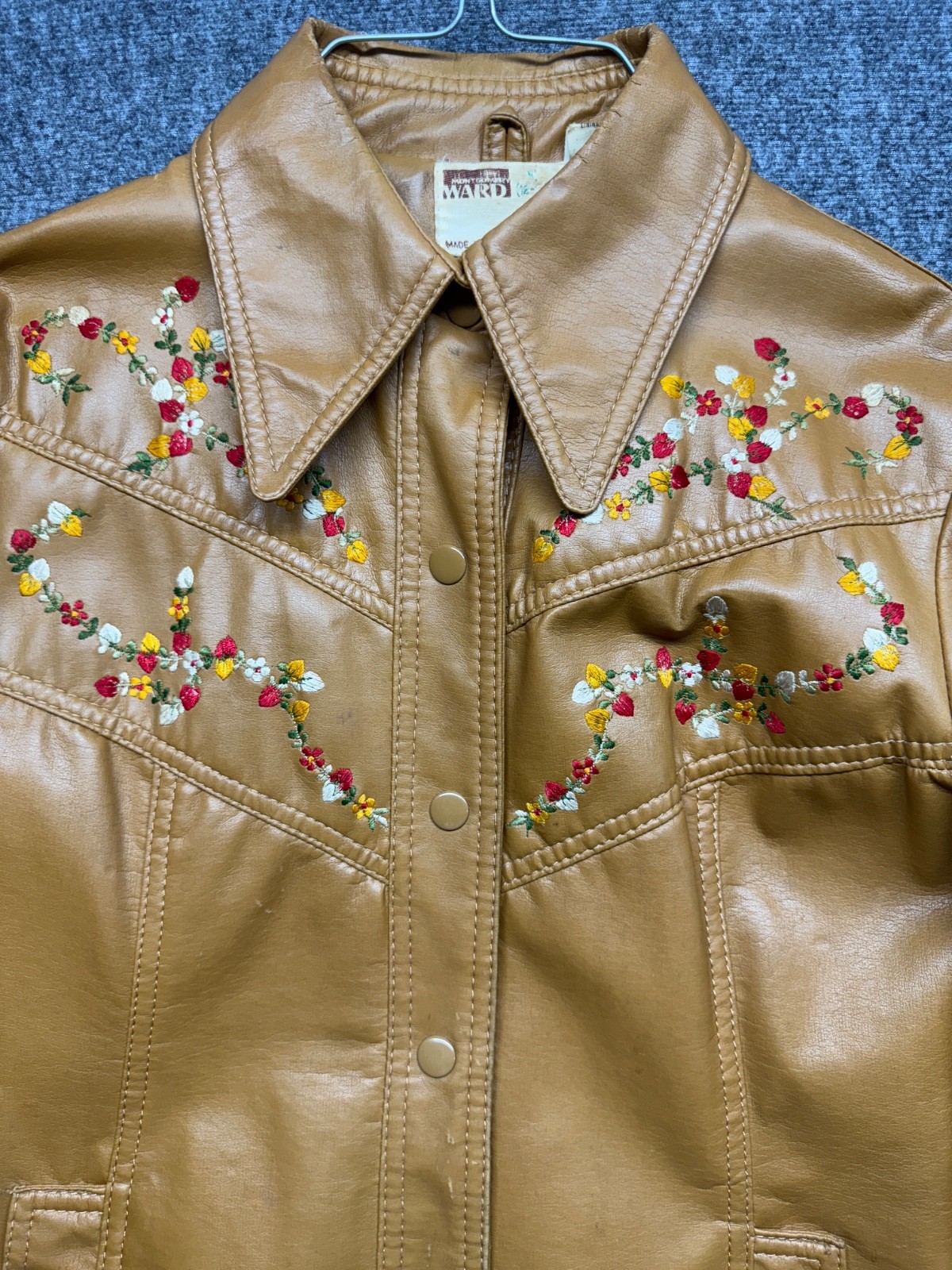VTG Montgomery Ward Jacket Women S Brown Vinyl Snap Embroidered Flowers Pleather