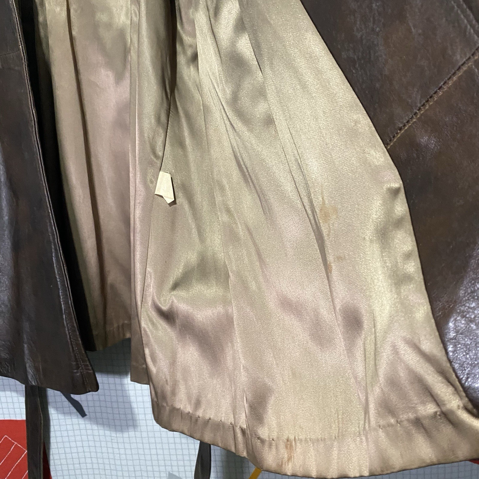 Vintage 60s Hide Leather Trench Coat Belt Wrap Open Wide Spread Lapel Altman