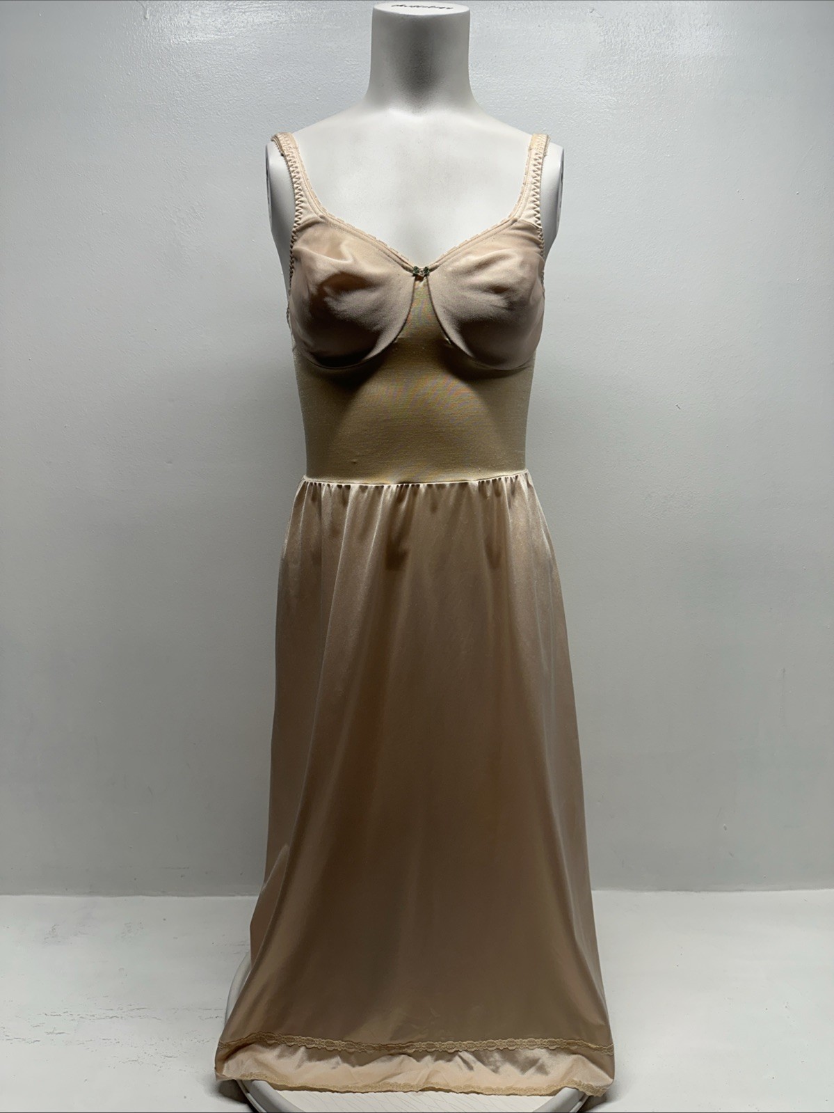 Vintage Olga Underwire Slip Midi Dress Nylon Made in USA 34319 Nude Tan Size 34C