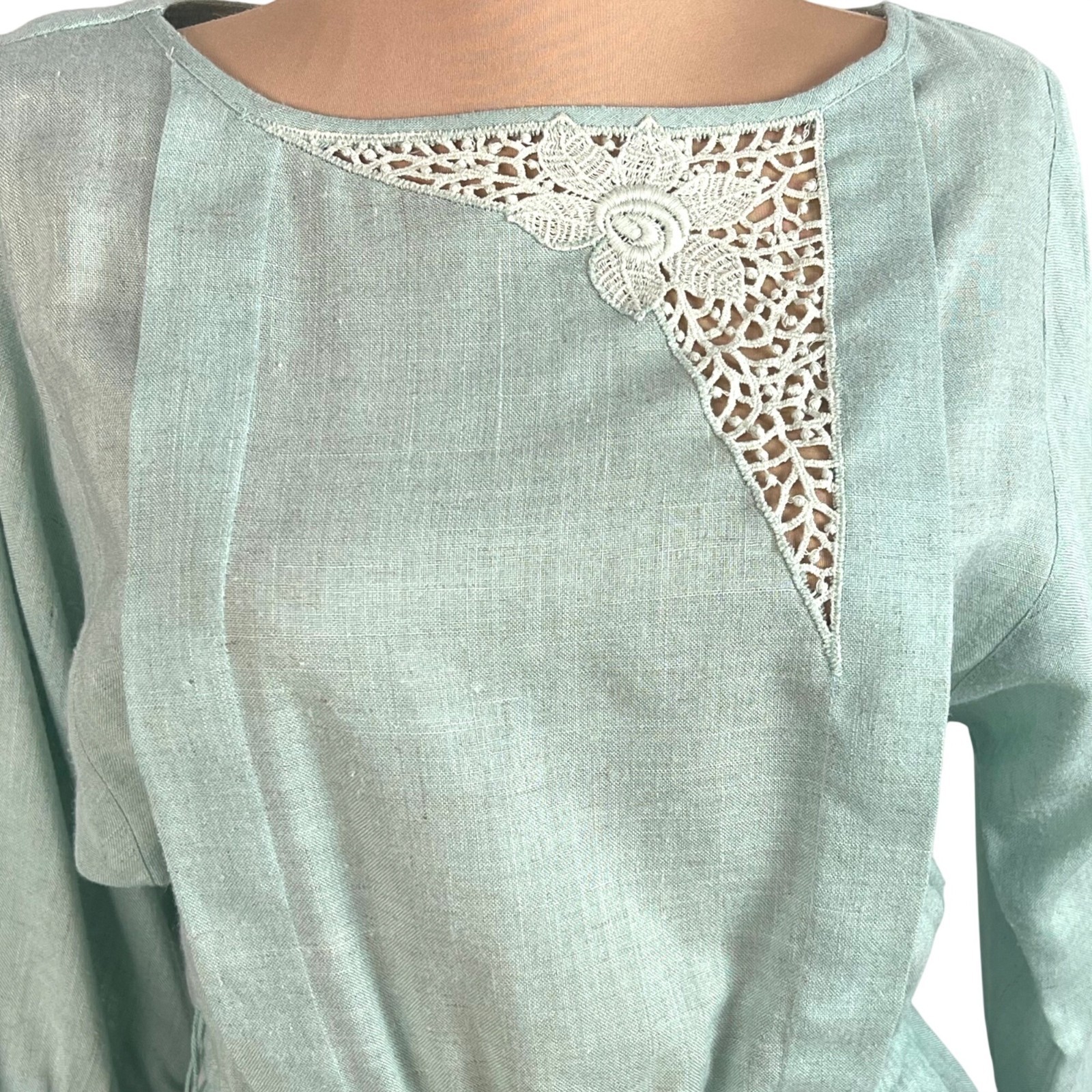 Vtg Brenner Petites Cottagecore Mint Green Pleated Lace Bodice Dress M Granny
