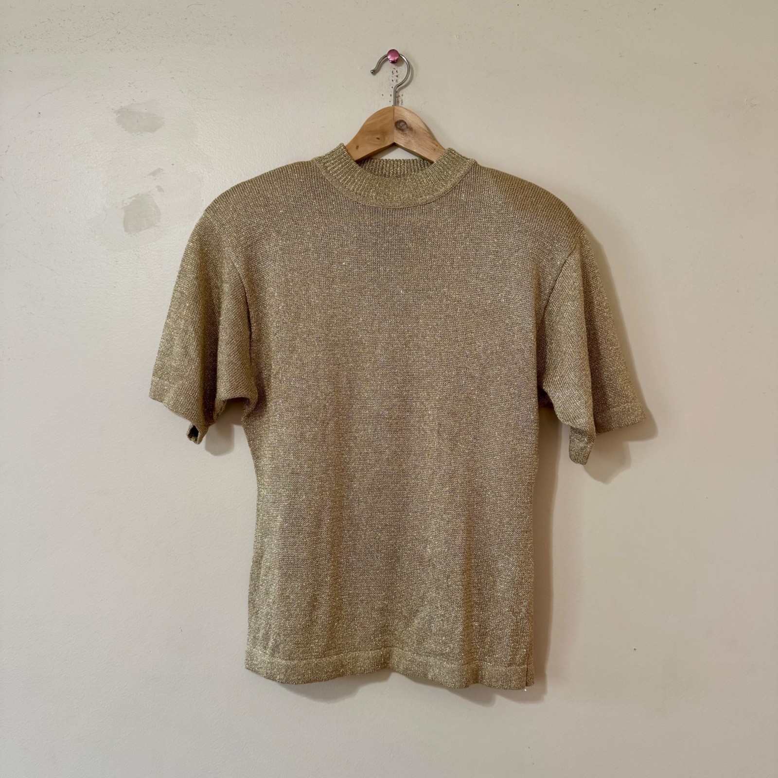 Vintage 80s Gold Glitter Metallic Blouse Knit Top Shirt Size Medium