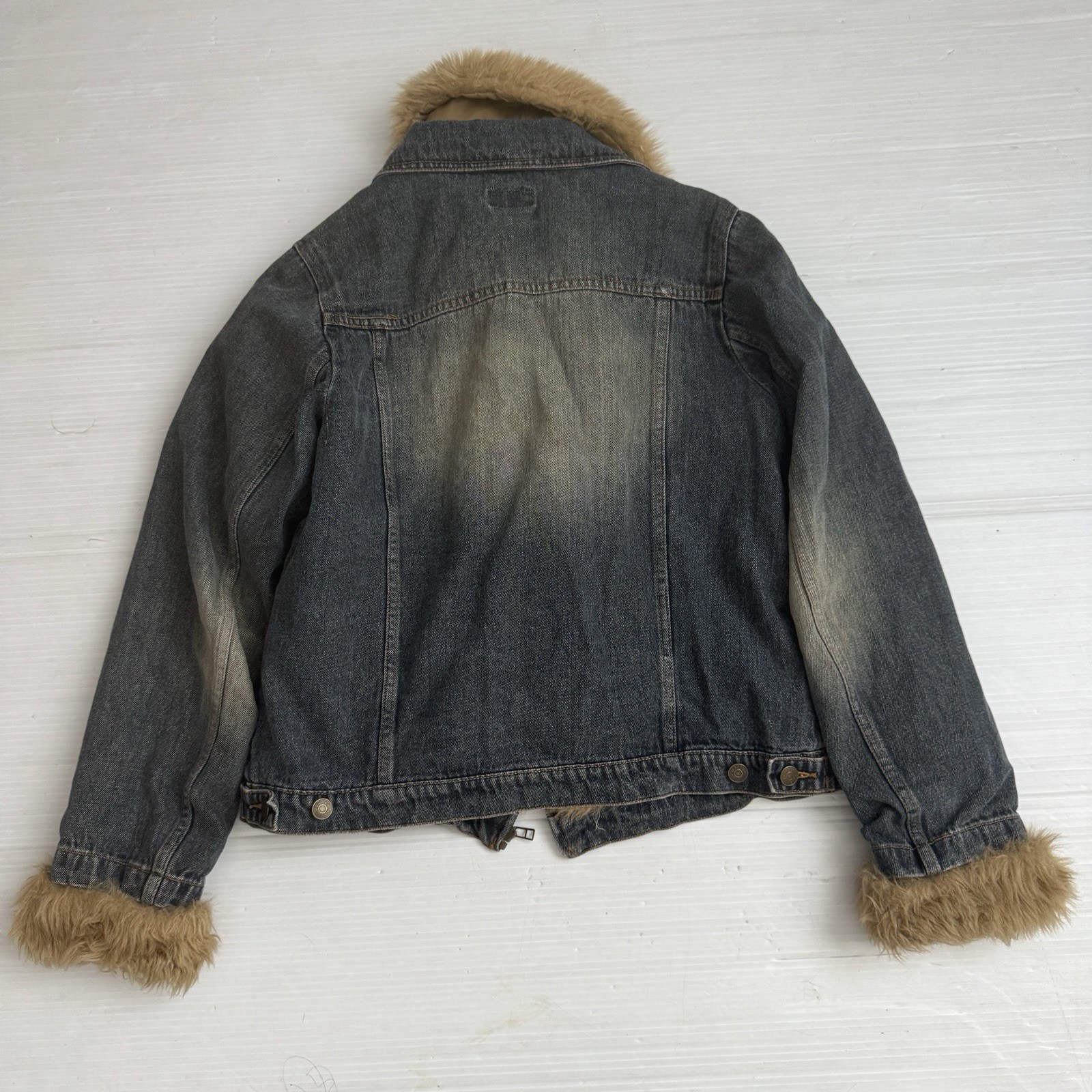 1990s GIACCA Gallery Denim Jacket w/Faux Fur Collar Cuffs Trim Zippered Size L