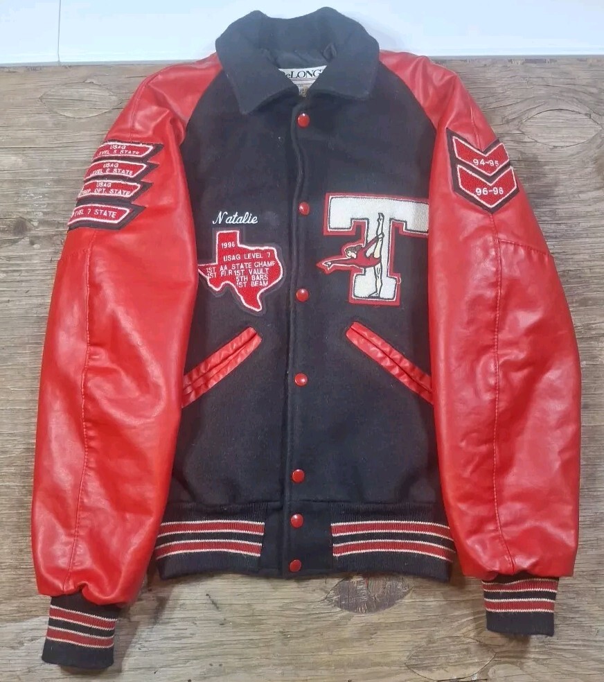 2 VTG DeLong Varsity Jackets Trinity Trojans Texas Gymnastics Sz XS Red Black