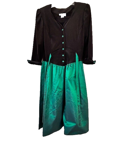 Just Ducky Vtg Dress Sz12-13 Black Velvet Emerald Green Taffeta Buttons Ties